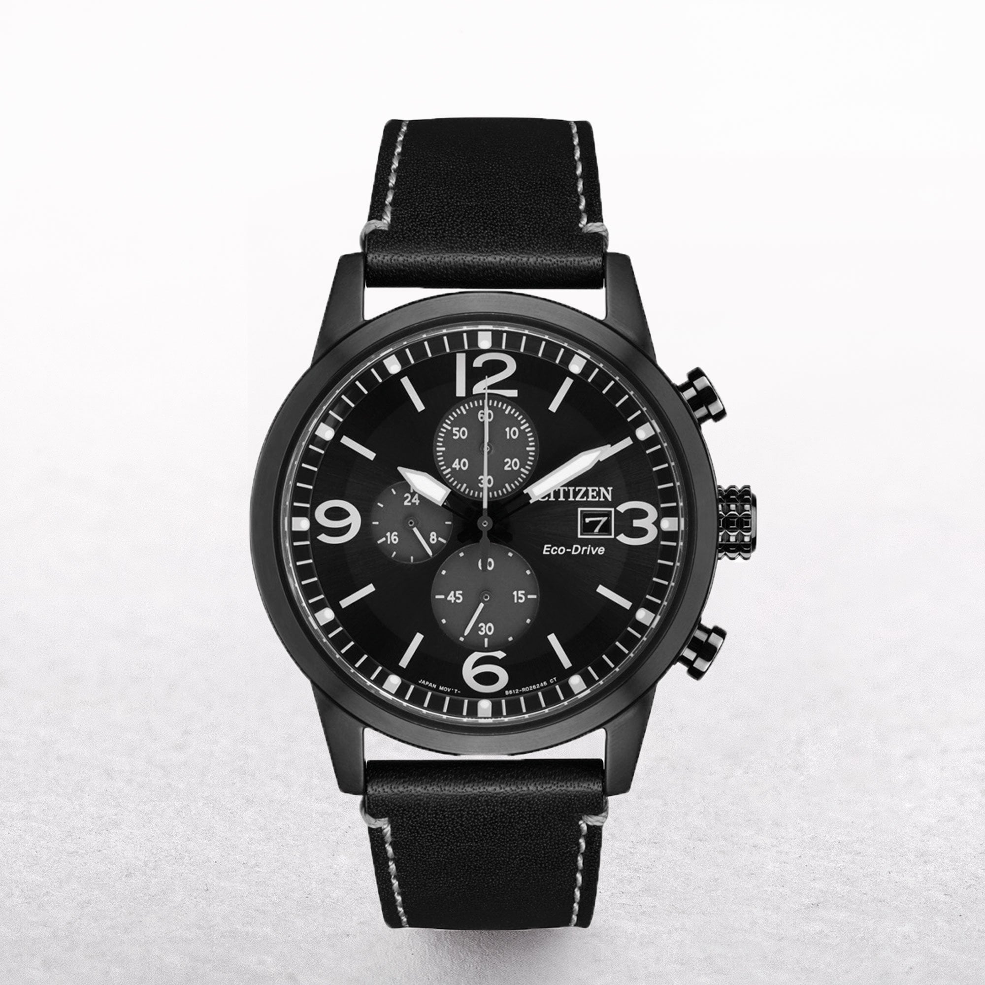 Gents Citizen Eco-Drive Black and Silver Date & Day Dial On A Leather Strap