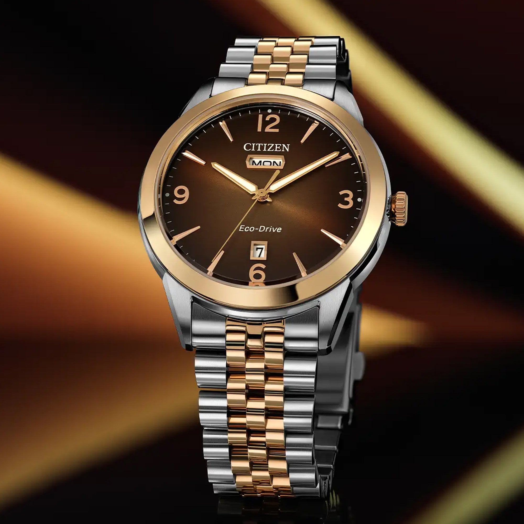 Gents Citizen Eco-Drive Two Tone Twin Eye Brown Dial on Stainless Steel Bracelet
