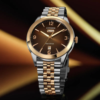 Gents Citizen Eco-Drive Two Tone Twin Eye Brown Dial on Stainless Steel Bracelet