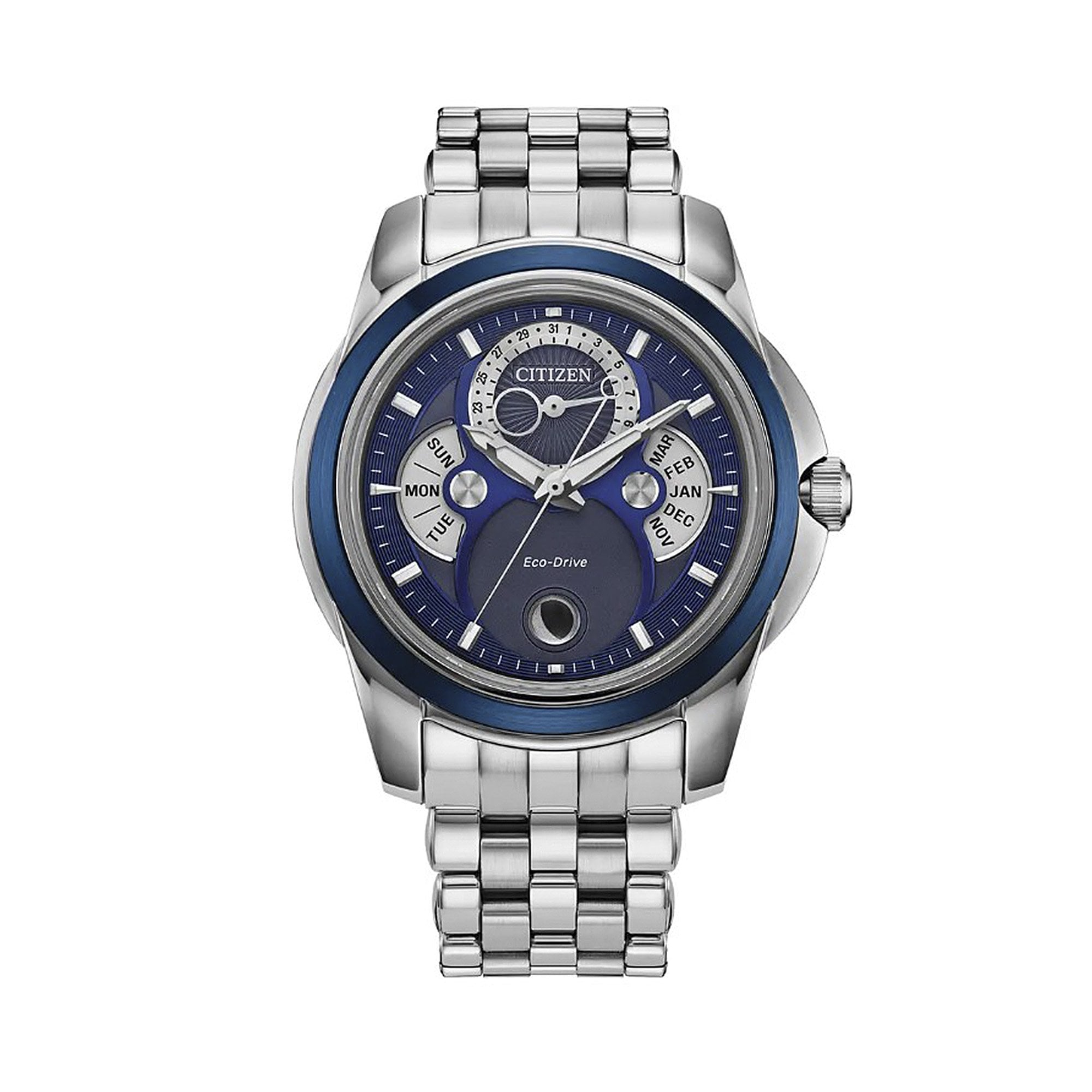 Gents Eco-Drive Calendrier Moonphase Navy Dial Stainless Steel Bracelet