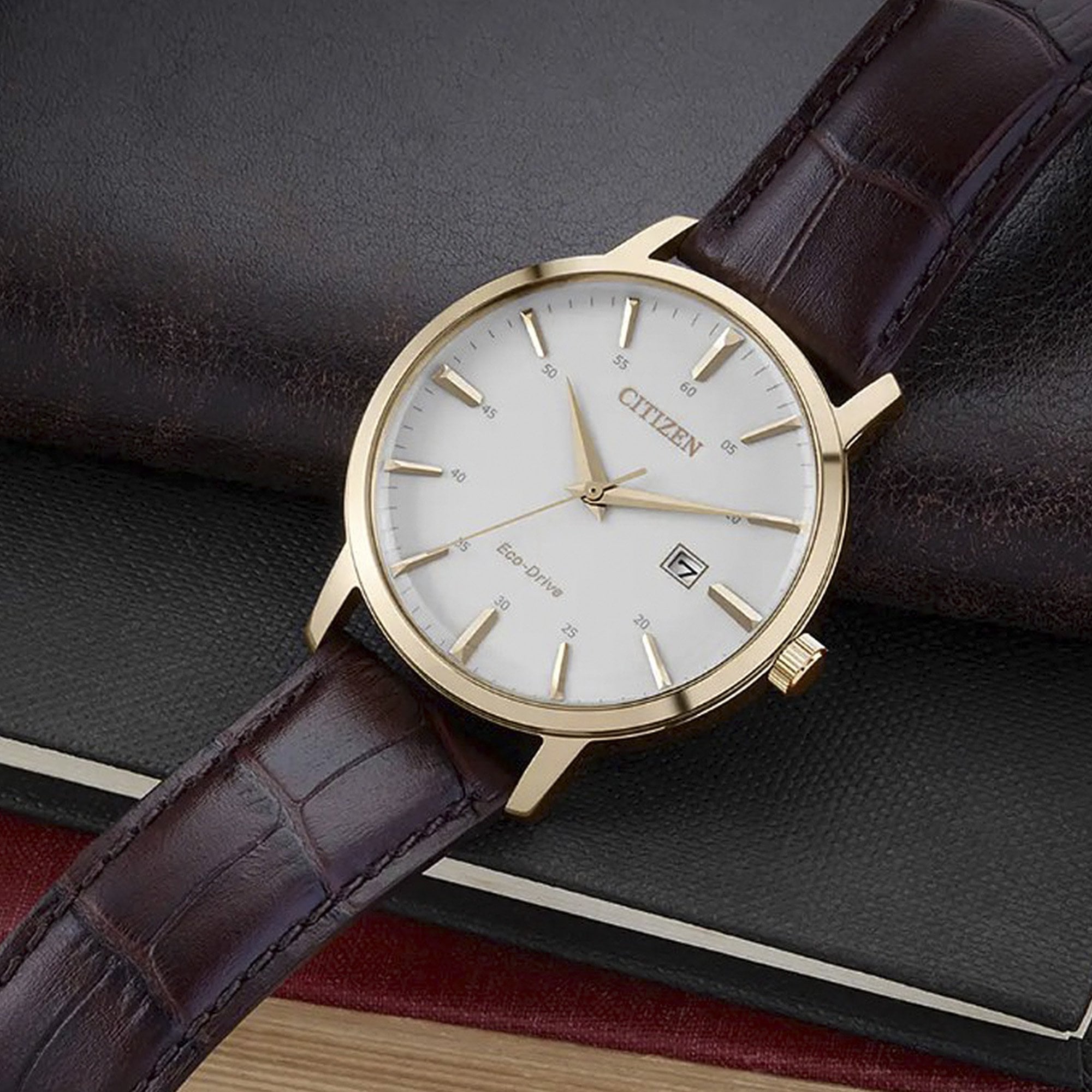 Gents Eco-Drive Chandler Rose Gold White Dial Brown Leather Strap