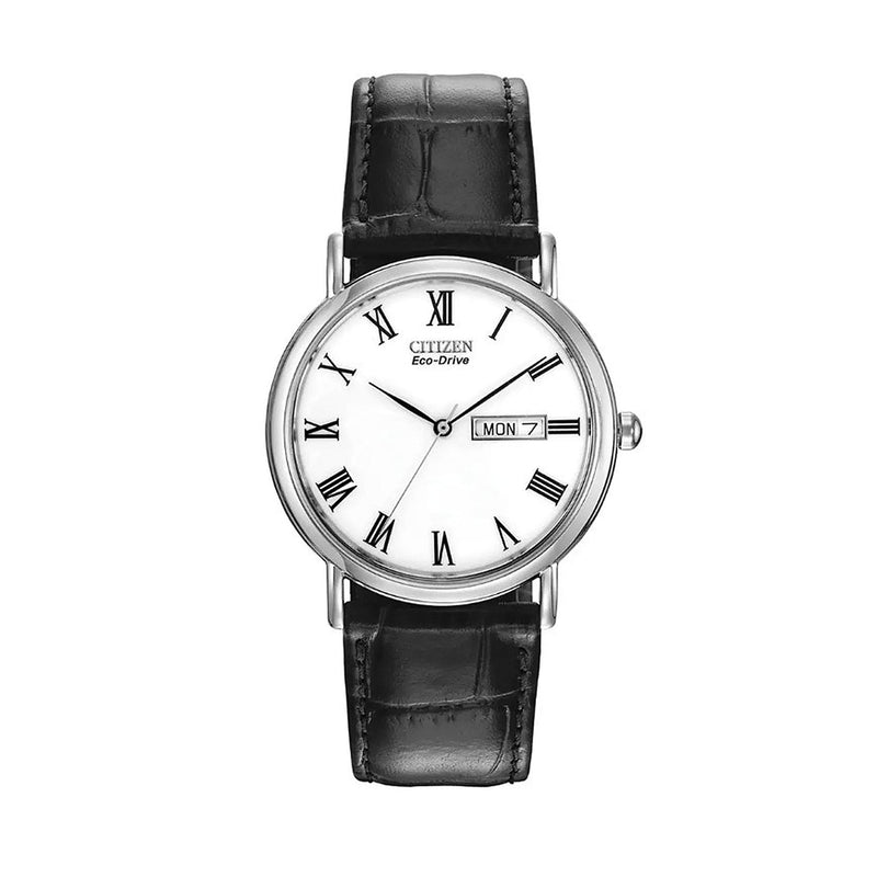 Gents Eco-Drive Citizen Corso Day Date Stainless Steel White Dial Strap