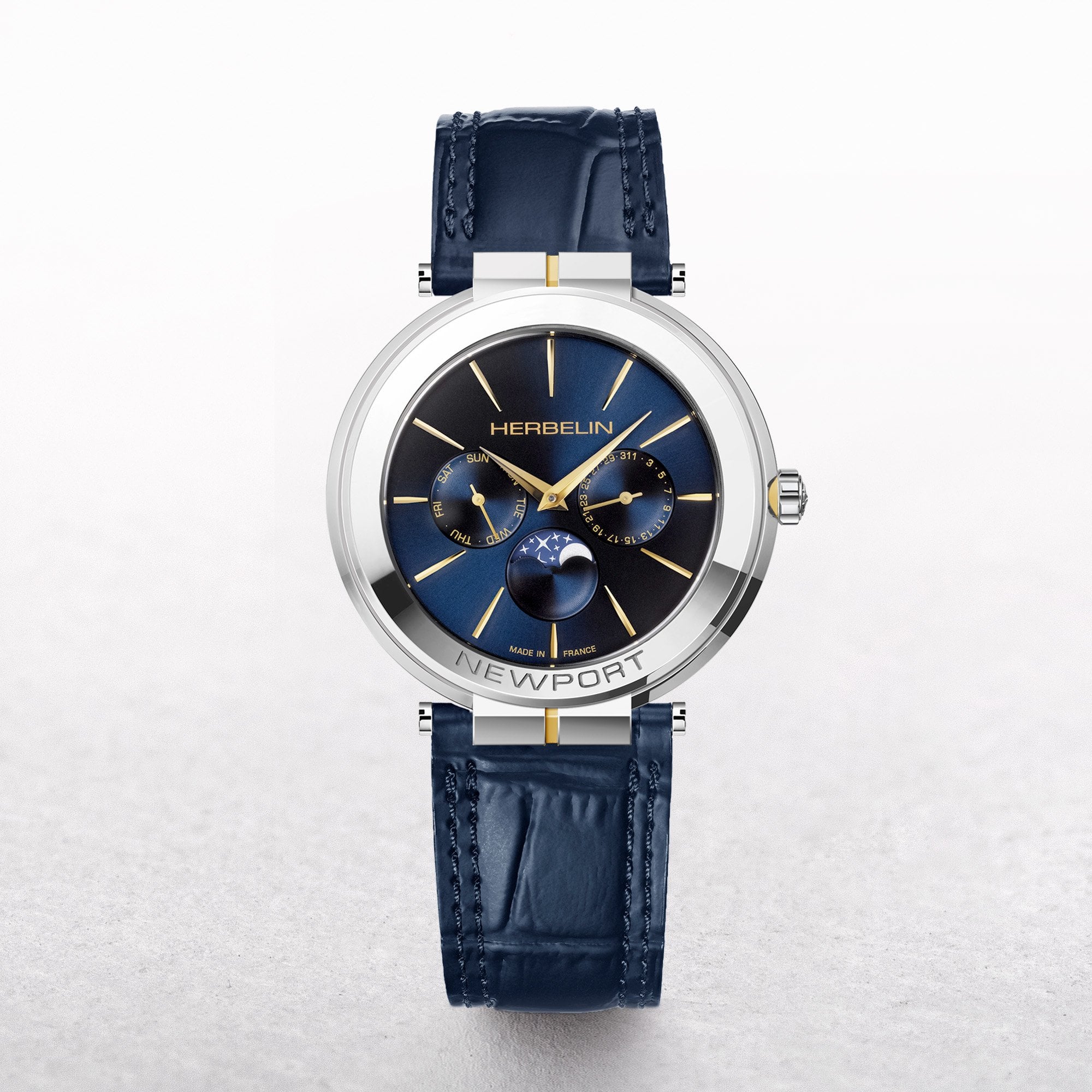 Gents Herbelin Newport Slim Moonphase Watch with Blue Leather Strap