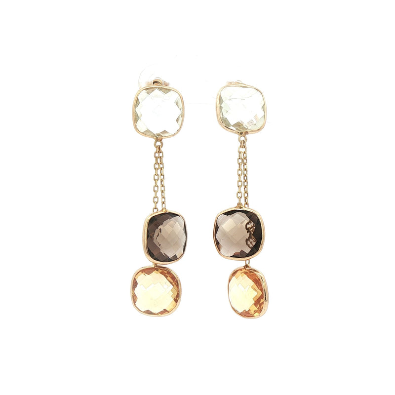 Green Amethyst, Smokey Quartz and Citrine Drop Earrings in 14ct Yellow Gold