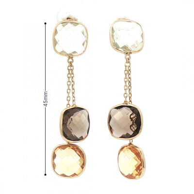Green Amethyst, Smokey Quartz and Citrine Drop Earrings in 14ct Yellow Gold