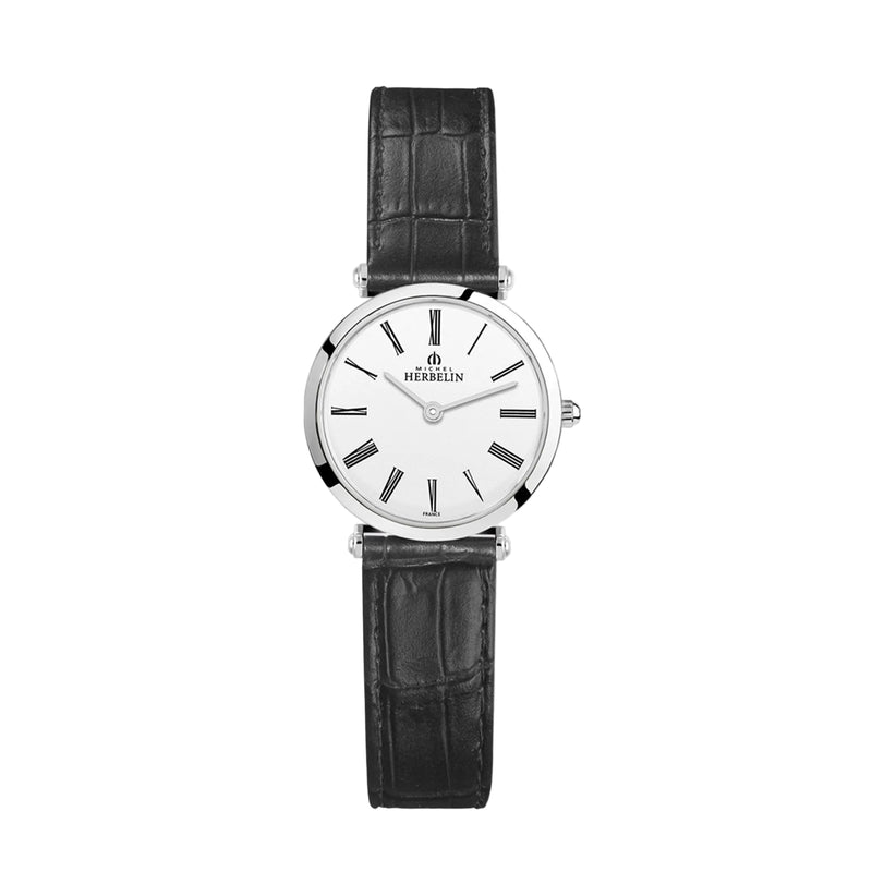 Herbelin Epsilon Gents Roman Numeral White Dial With Hour Markers on Black Strap