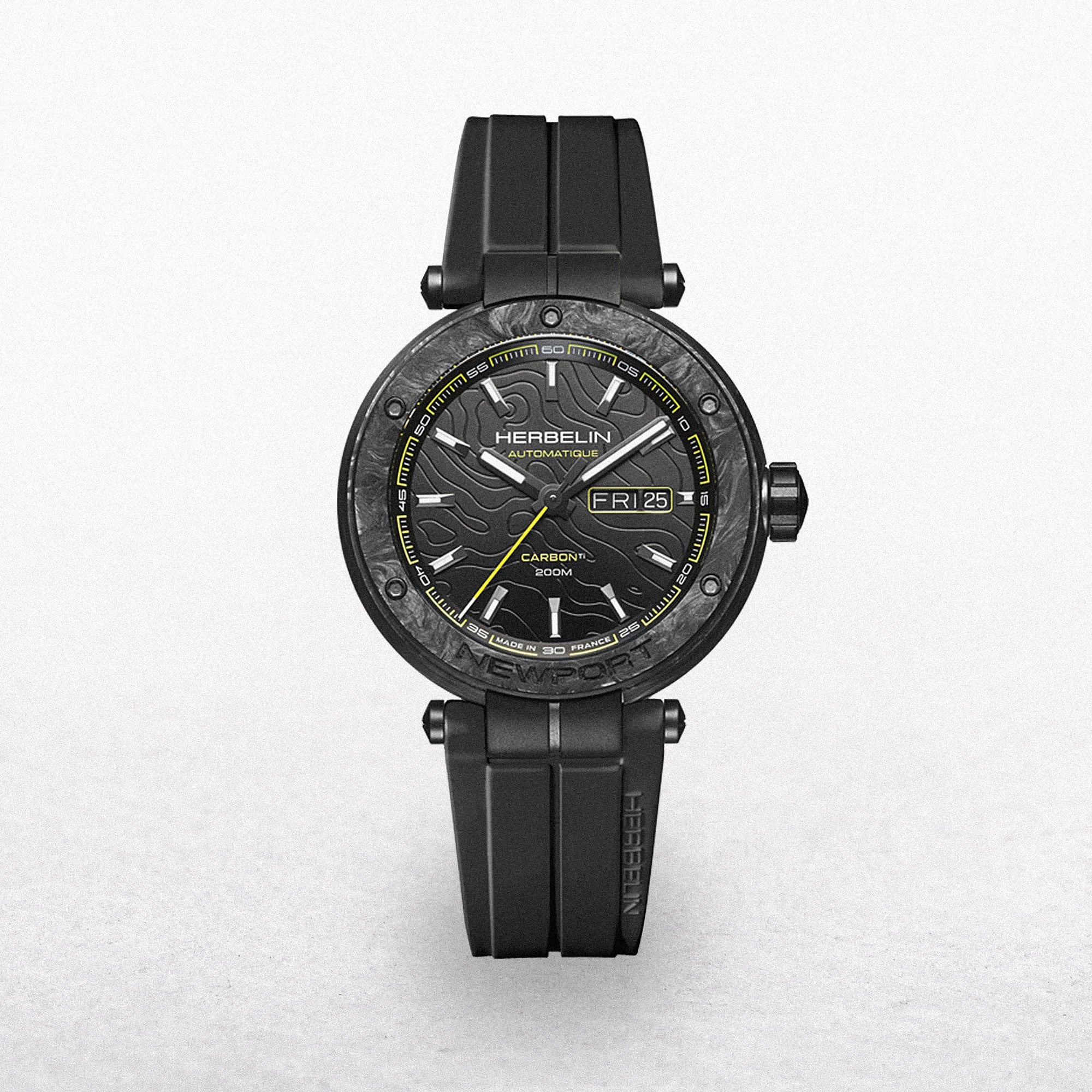 Herbelin Gents Newport Carbon Titanium Black Dial On Rubber Strap