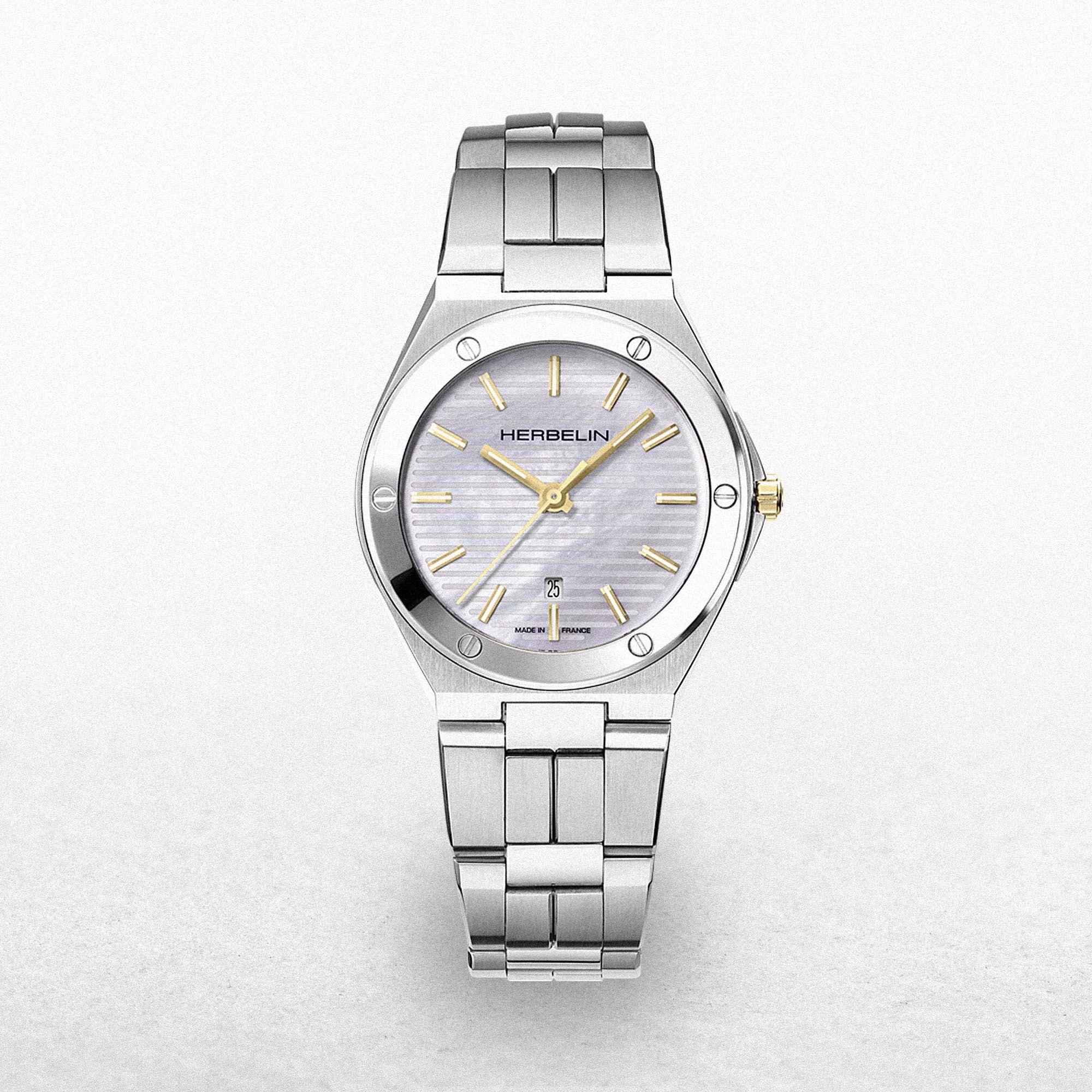 Herbelin Ladies Cap Camarat Round Mother of Pearl and Gold Baton Dial on Stainless Steel Bracelet