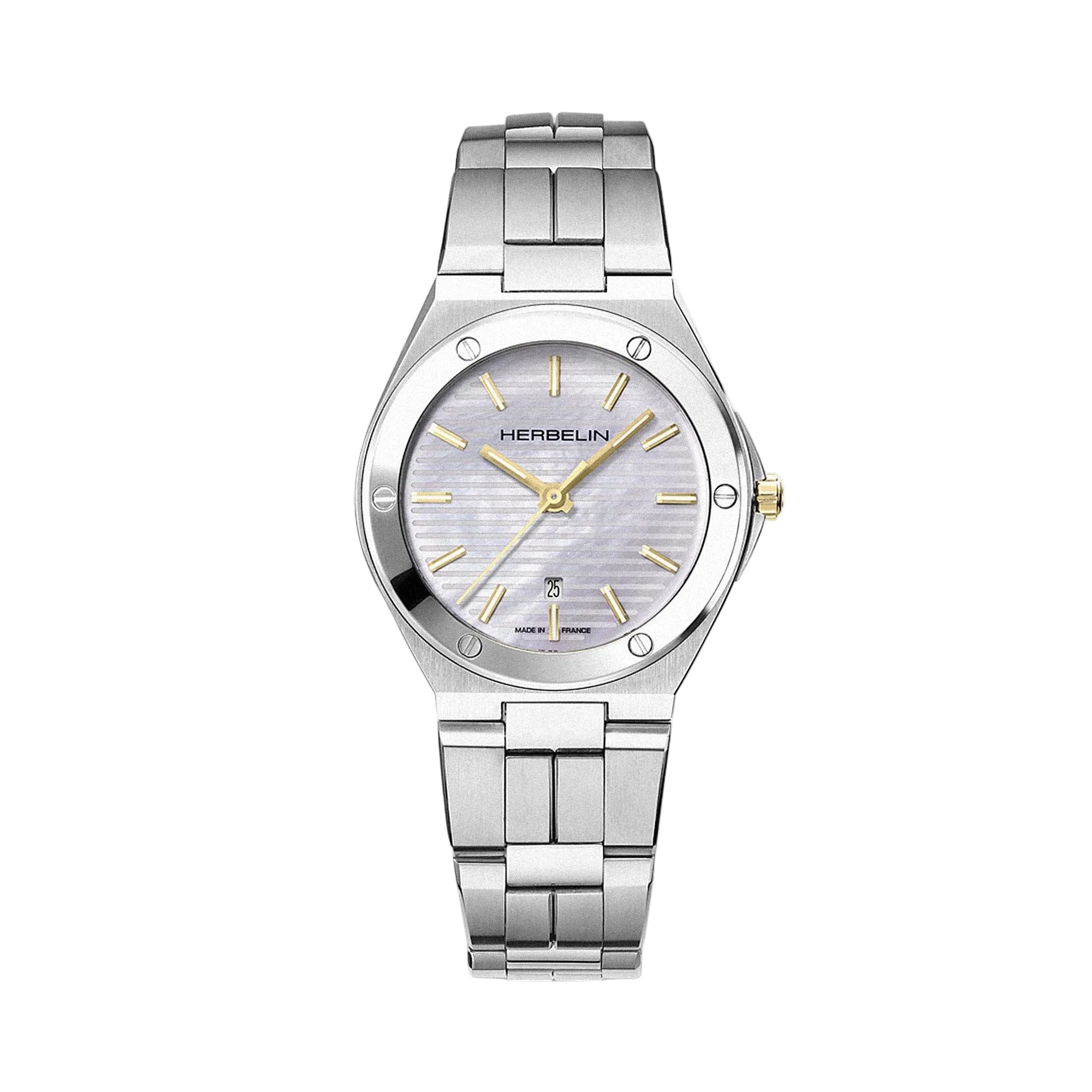 Herbelin Ladies Cap Camarat Round Mother of Pearl and Gold Baton Dial on Stainless Steel Bracelet