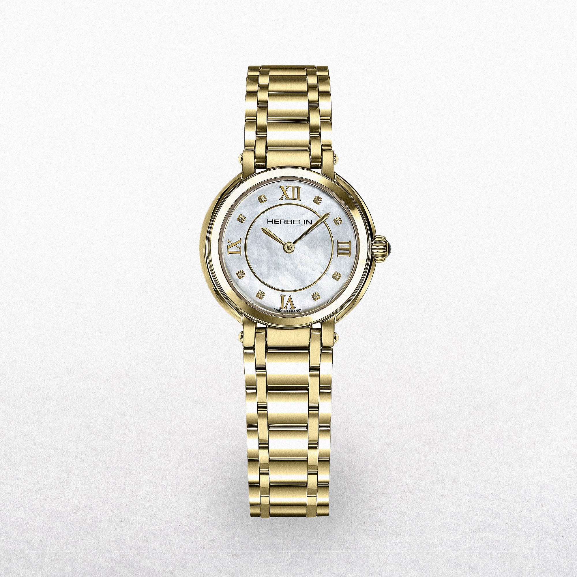 Herbelin Ladies Galet Yellow Gold PVD Cubic Zirconia and Mother of Pearl Dial Watch