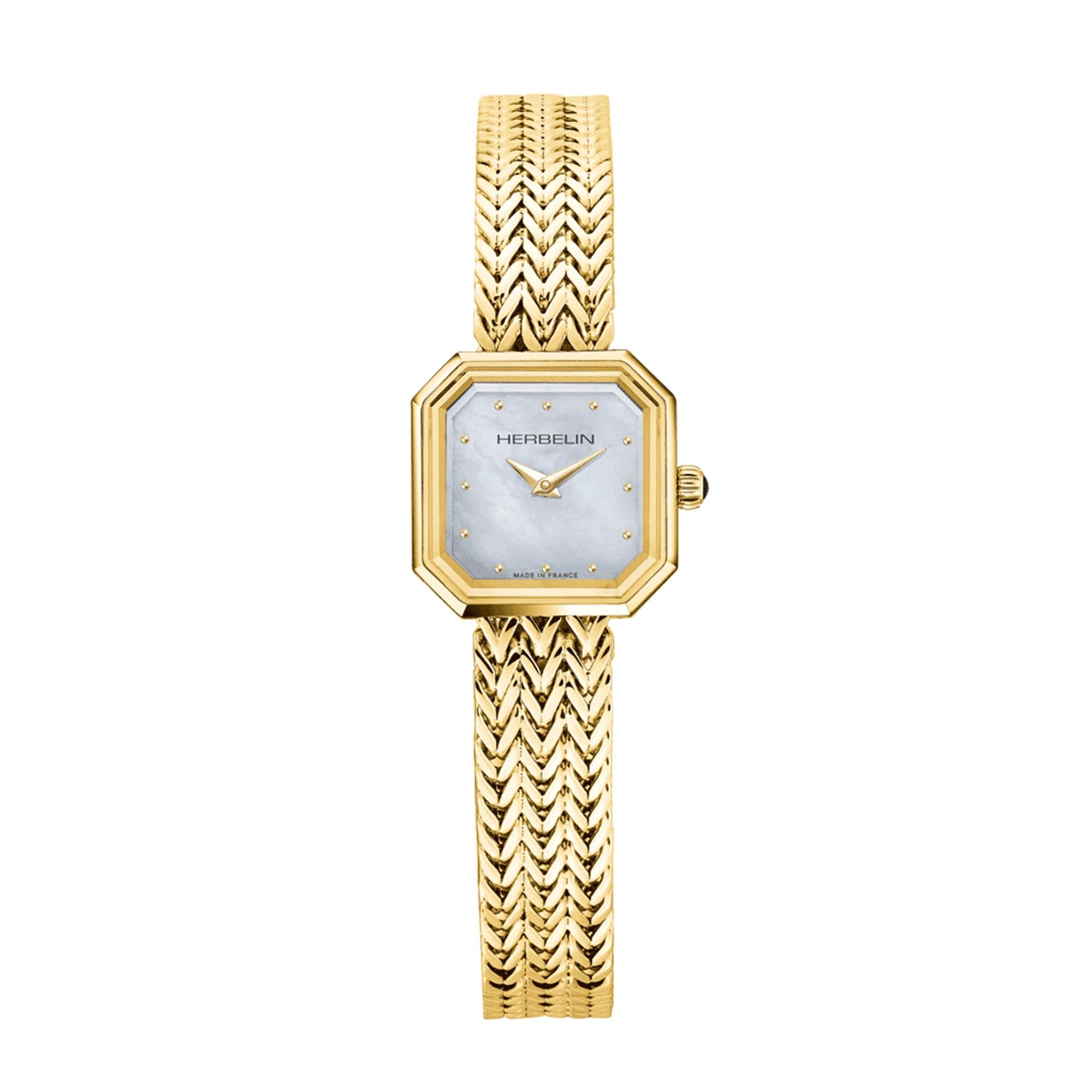 Herbelin Ladies Gold Plated Mother of Pearl Octagone Quartz Dial on Foxtail Bracelet