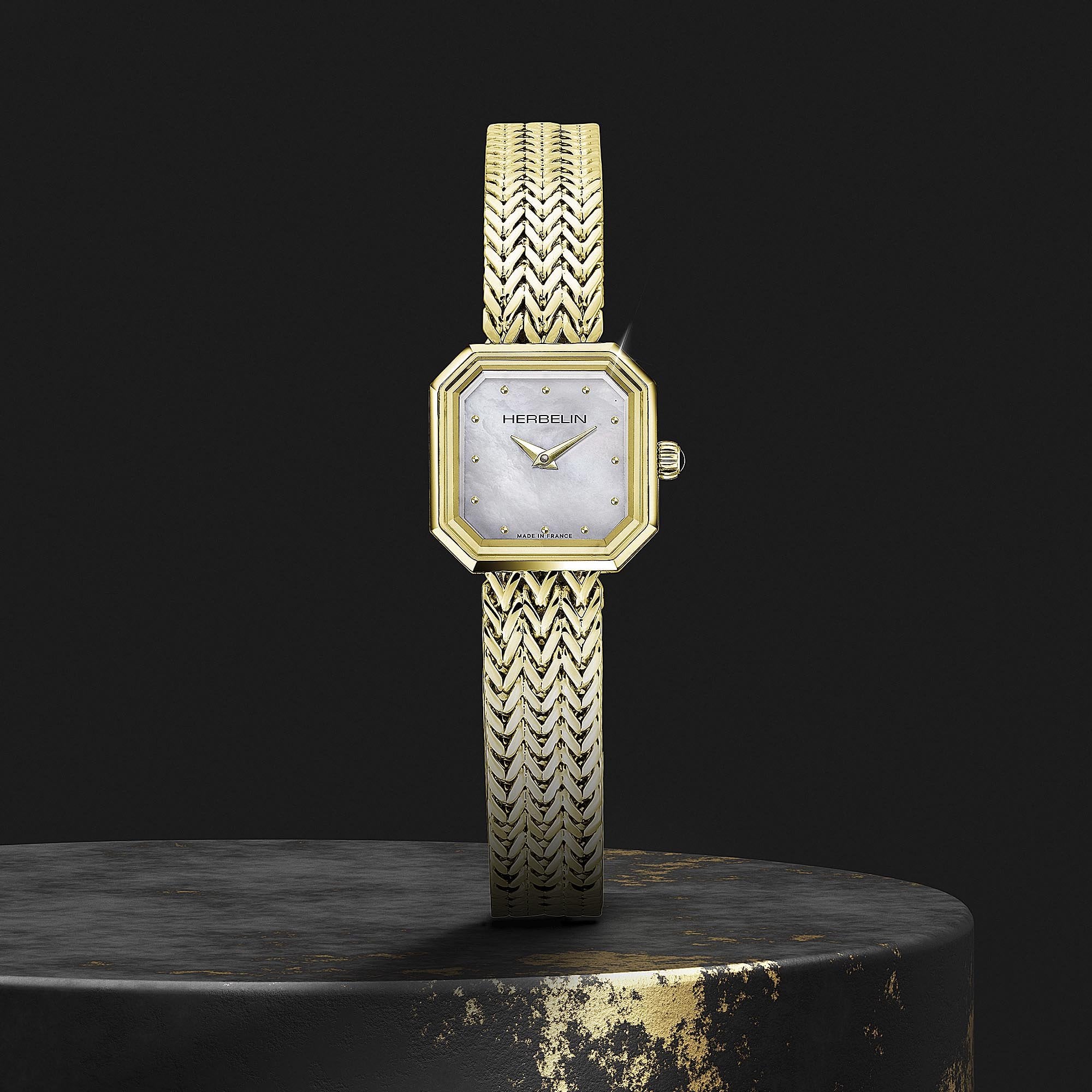 Herbelin Ladies Gold Plated Mother of Pearl Octagone Quartz Dial on Foxtail Bracelet