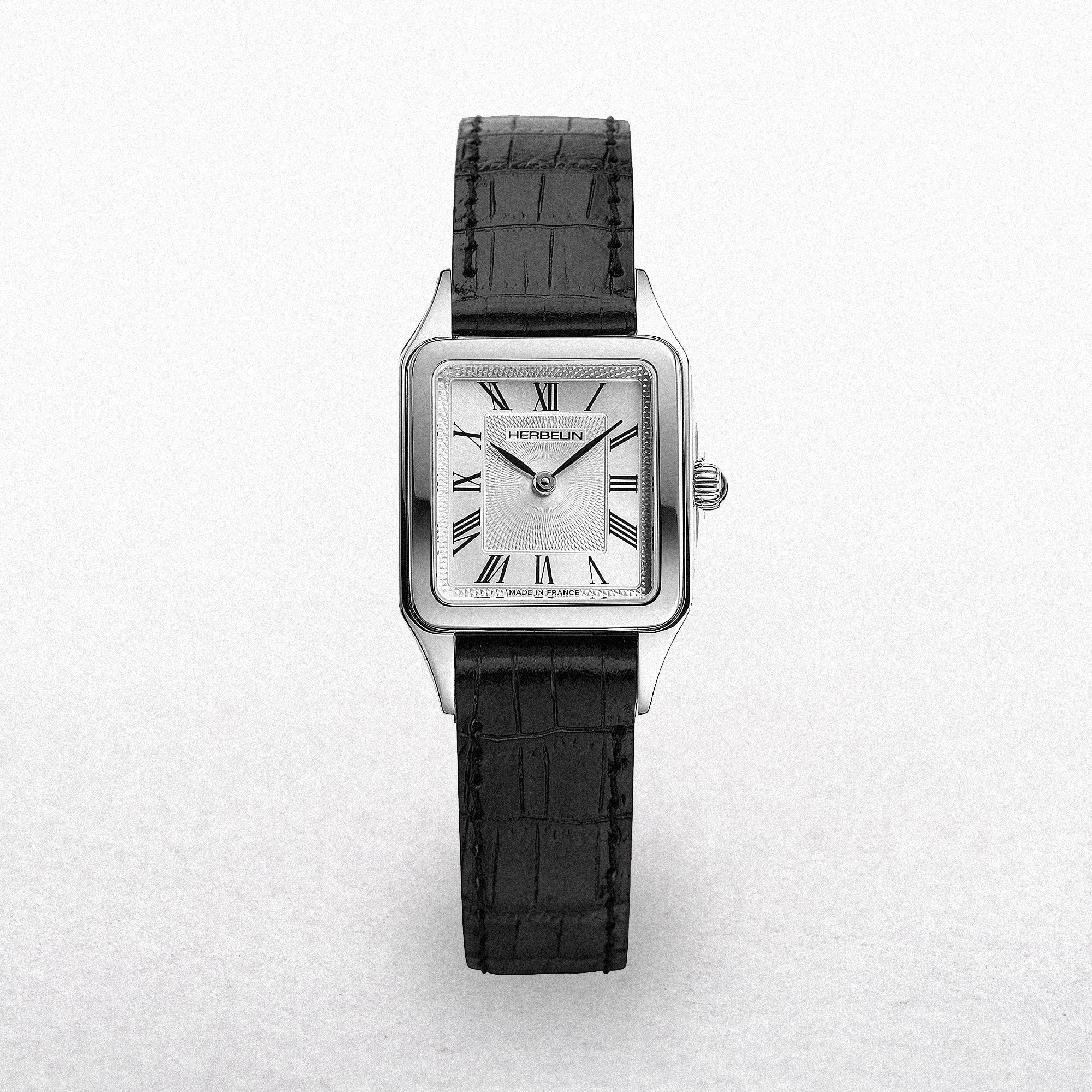 Herbelin Ladies Square Stainless Steel Luna Roman Numerals and White Dial on Black Strap