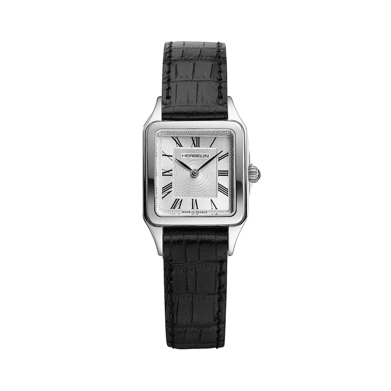 Herbelin Ladies Square Stainless Steel Luna Roman Numerals and White Dial on Black Strap