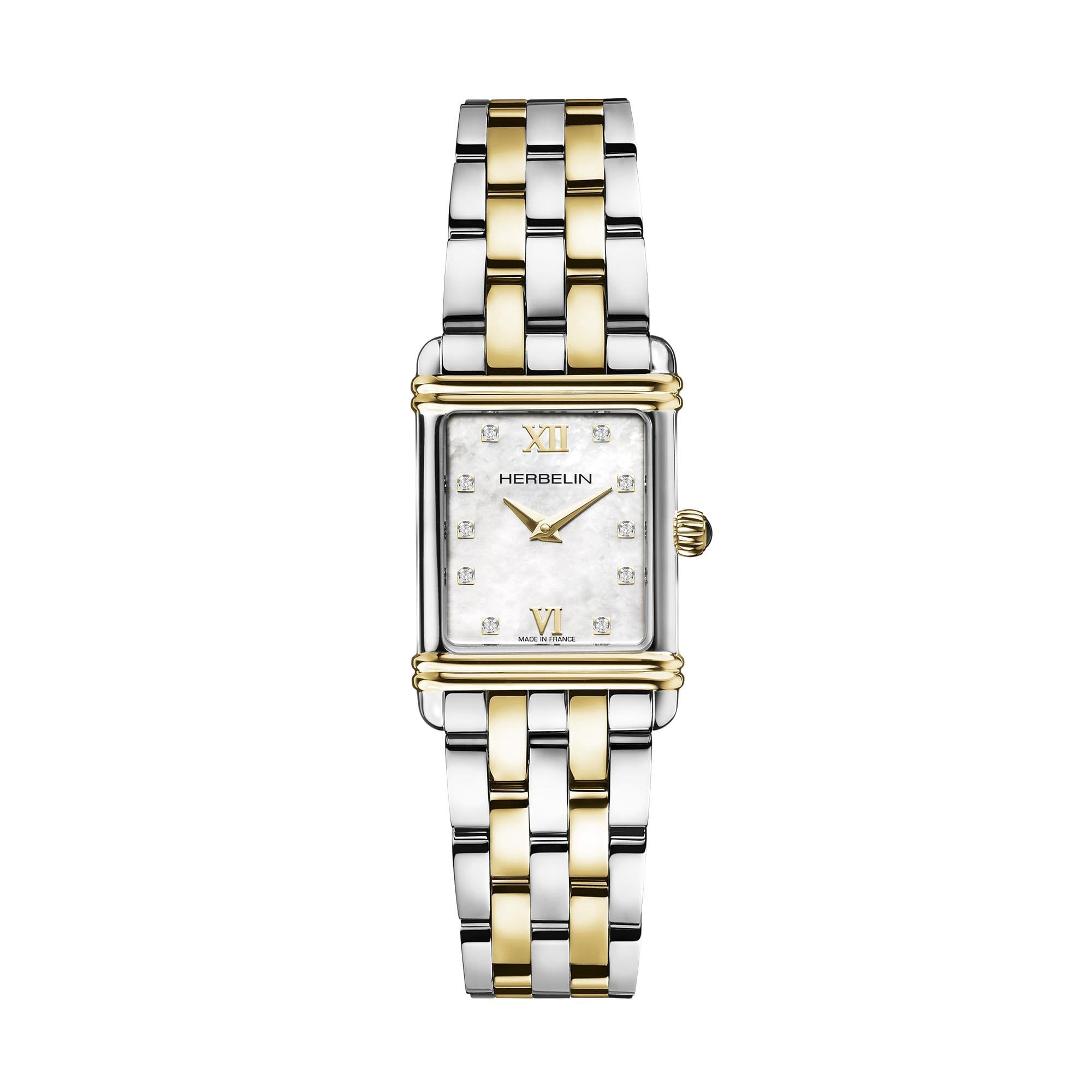 Herbelin Ladies Two Tone Rectangle Mother of Pearl Diamond Dial Art Deco Bracelet