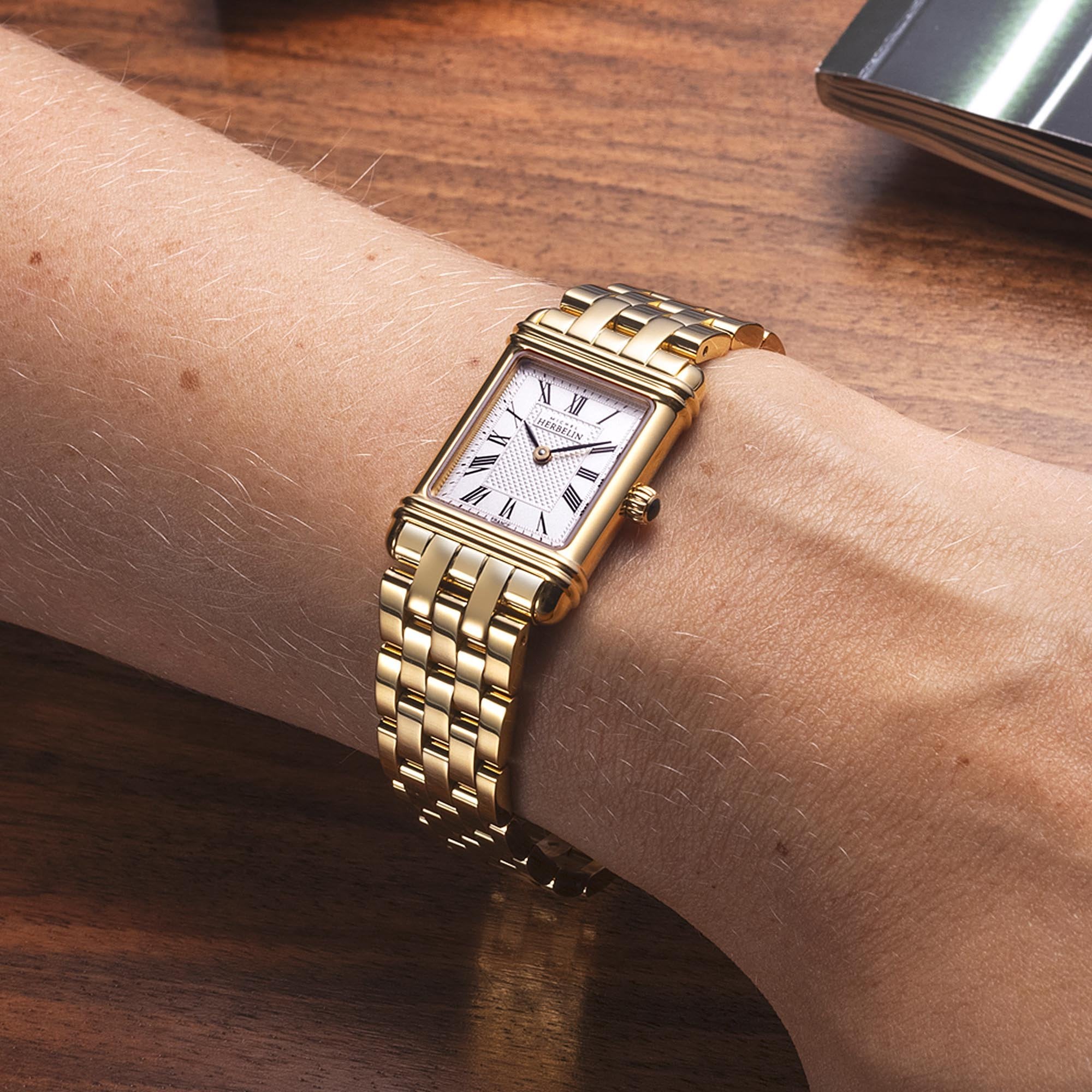 Herbelin Ladies Yellow Gold PVD Art Deco Quartz Guilloche Dial