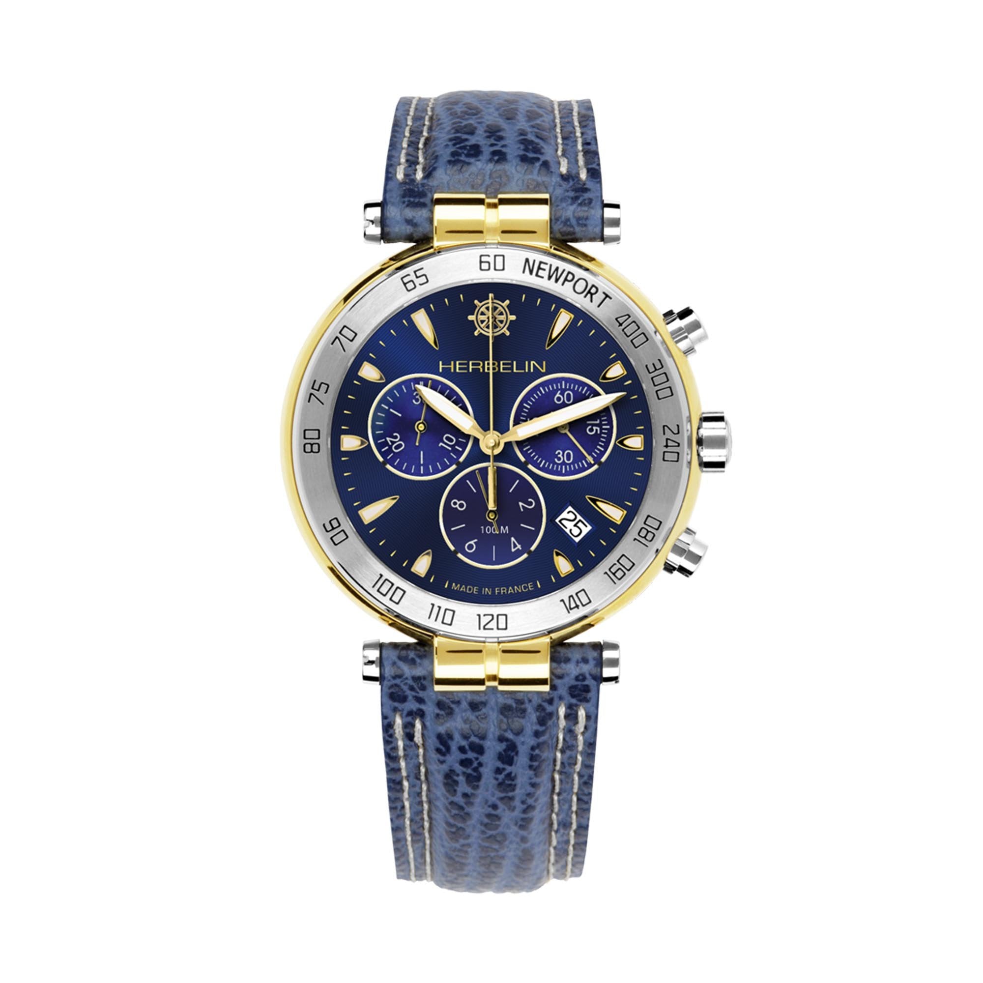 Herblin GentsTwo Tone Newport Heritage Originals Chronograph Blue Dial and Leather Strap