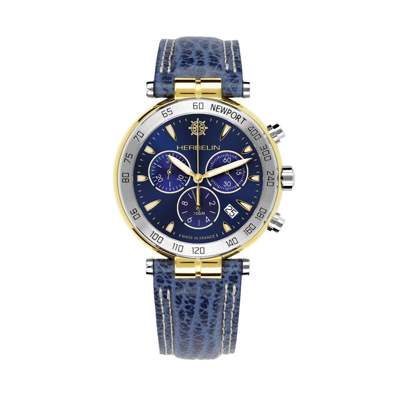 Herblin GentsTwo Tone Newport Heritage Originals Chronograph Blue Dial and Leather Strap