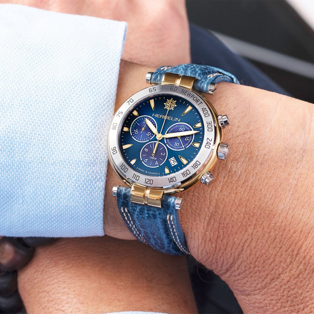 Herblin GentsTwo Tone Newport Heritage Originals Chronograph Blue Dial and Leather Strap