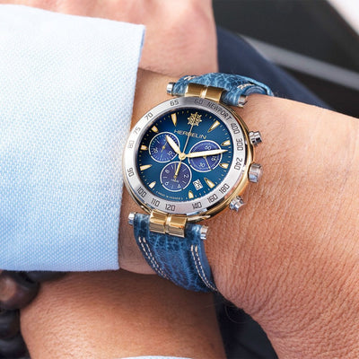 Herblin GentsTwo Tone Newport Heritage Originals Chronograph Blue Dial and Leather Strap