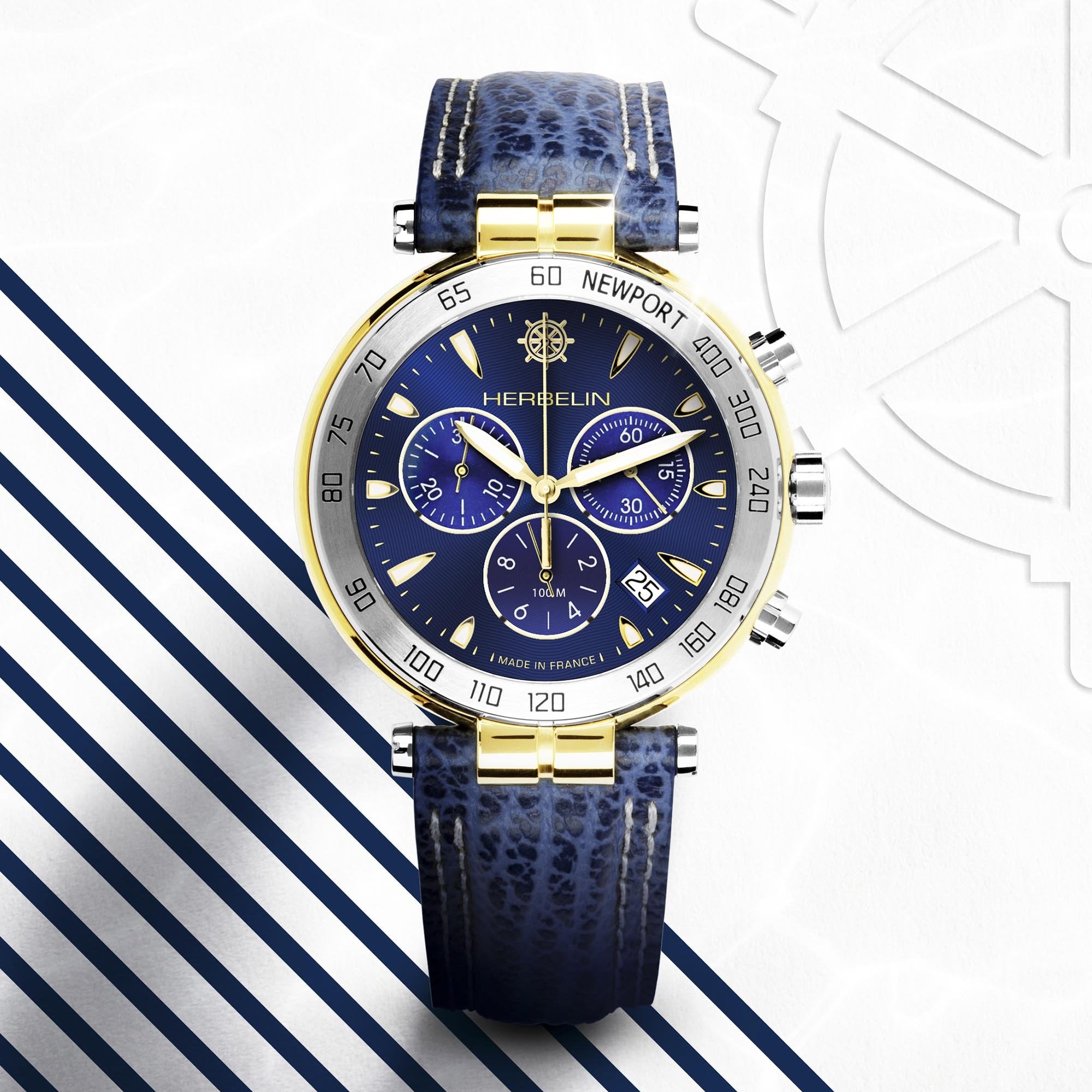 Herblin GentsTwo Tone Newport Heritage Originals Chronograph Blue Dial and Leather Strap
