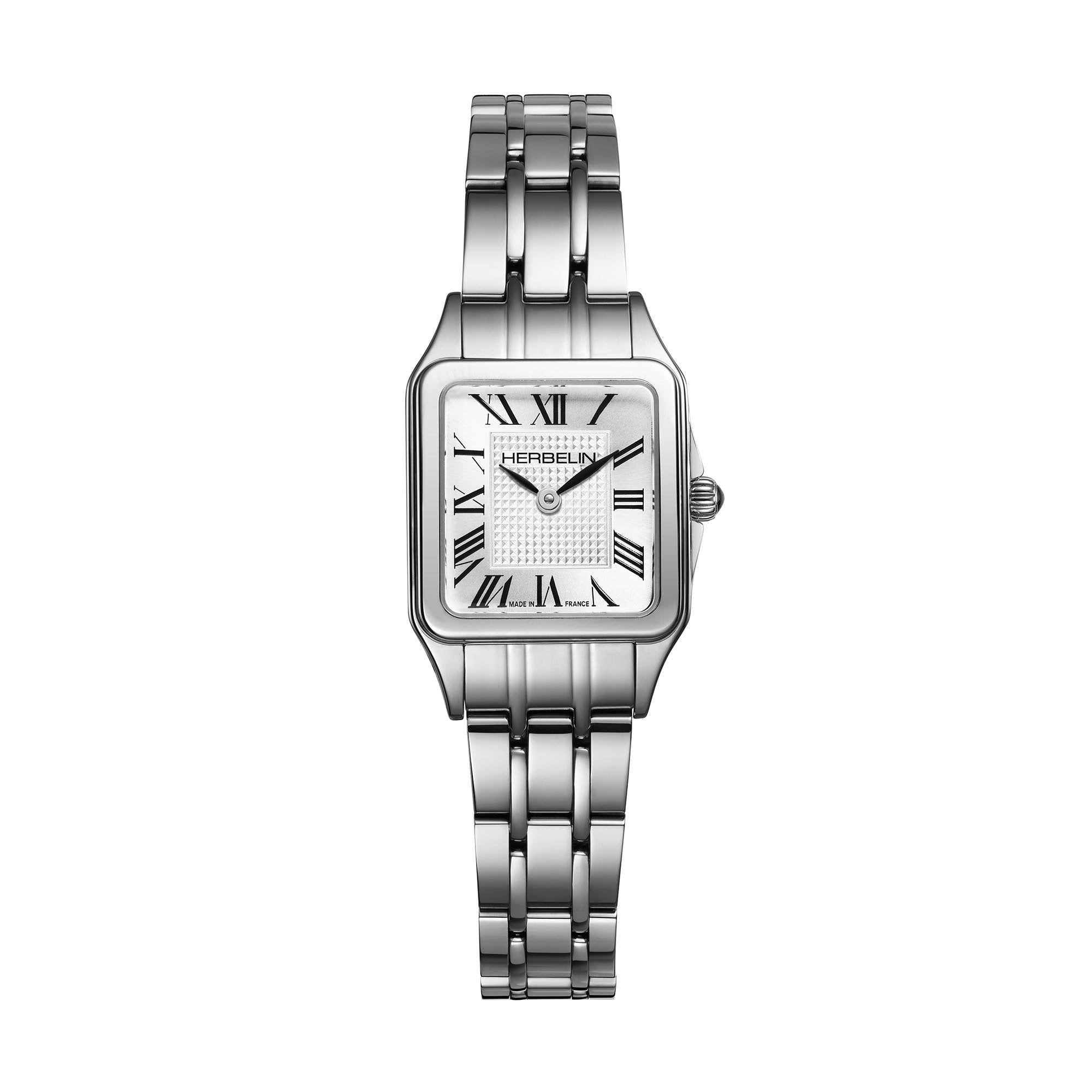 Herblin Ladies Luna Square Mini Quartz With Roman Numerals and White Dial Stainless Steel Bracelet