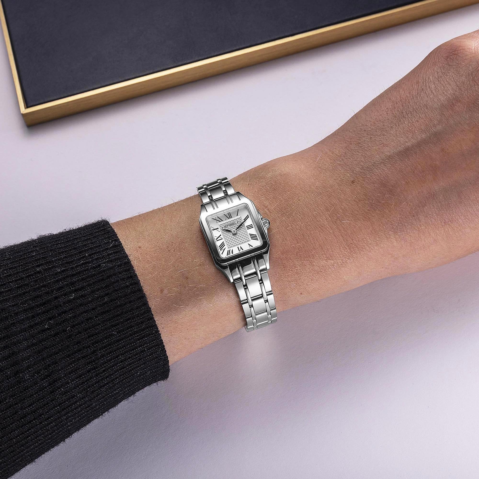 Herblin Ladies Luna Square Mini Quartz With Roman Numerals and White Dial Stainless Steel Bracelet
