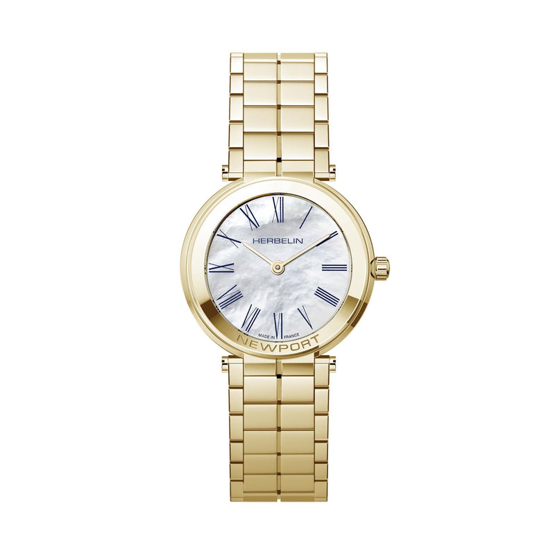 Herblin Ladies Yellow Gold PVD Newport Round Slim Quartz Mother of Pearl Dial Watch