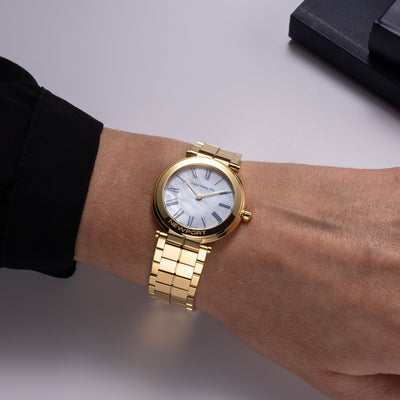 Herblin Ladies Yellow Gold PVD Newport Round Slim Quartz Mother of Pearl Dial Watch