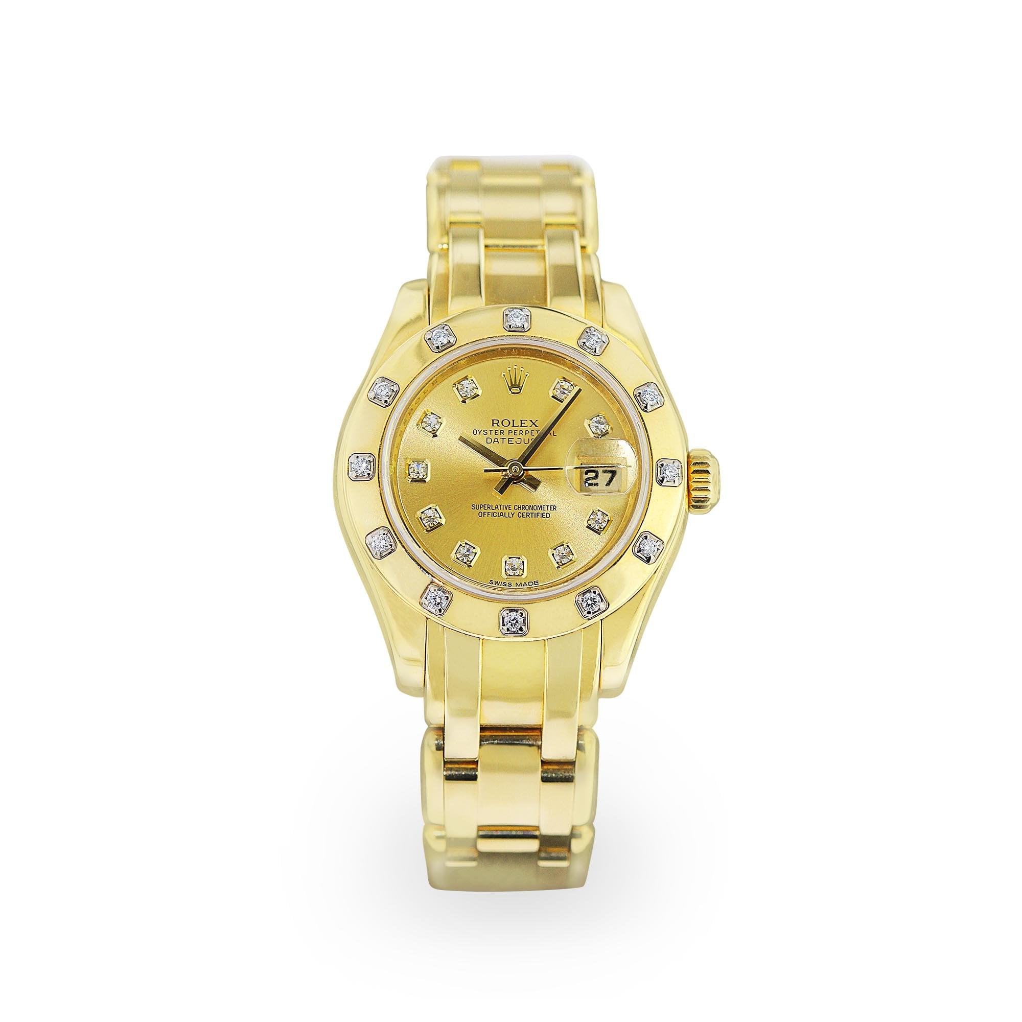 Ladies 2012 18ct Yellow Gold Rolex Pearl Master Stainless Steel Bracelet With Diamond Bezel & Dial