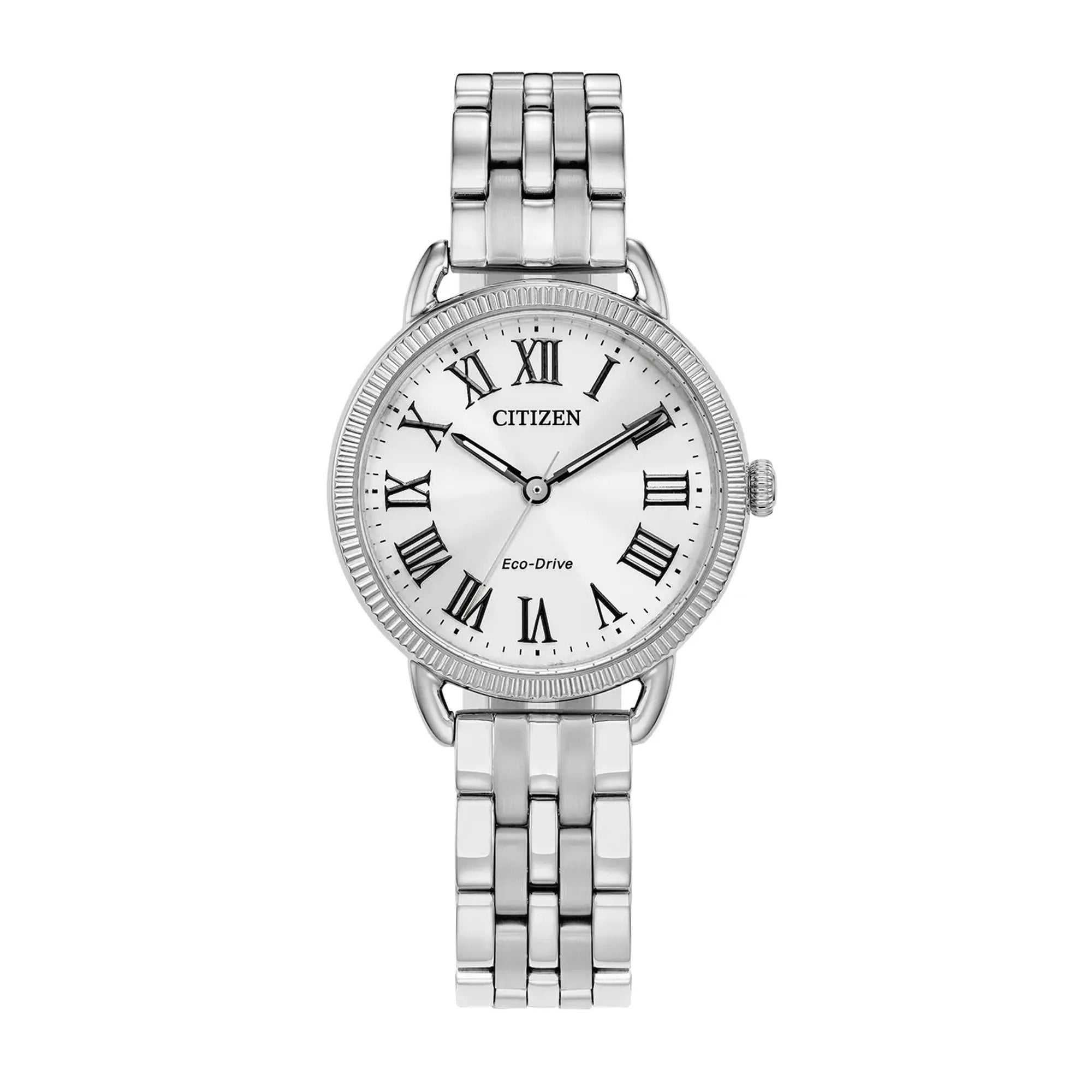 Ladies Citizen Classic Eco-Drive Coin Edge White Dial Roman Numerials on Stainless Steel Bracelet