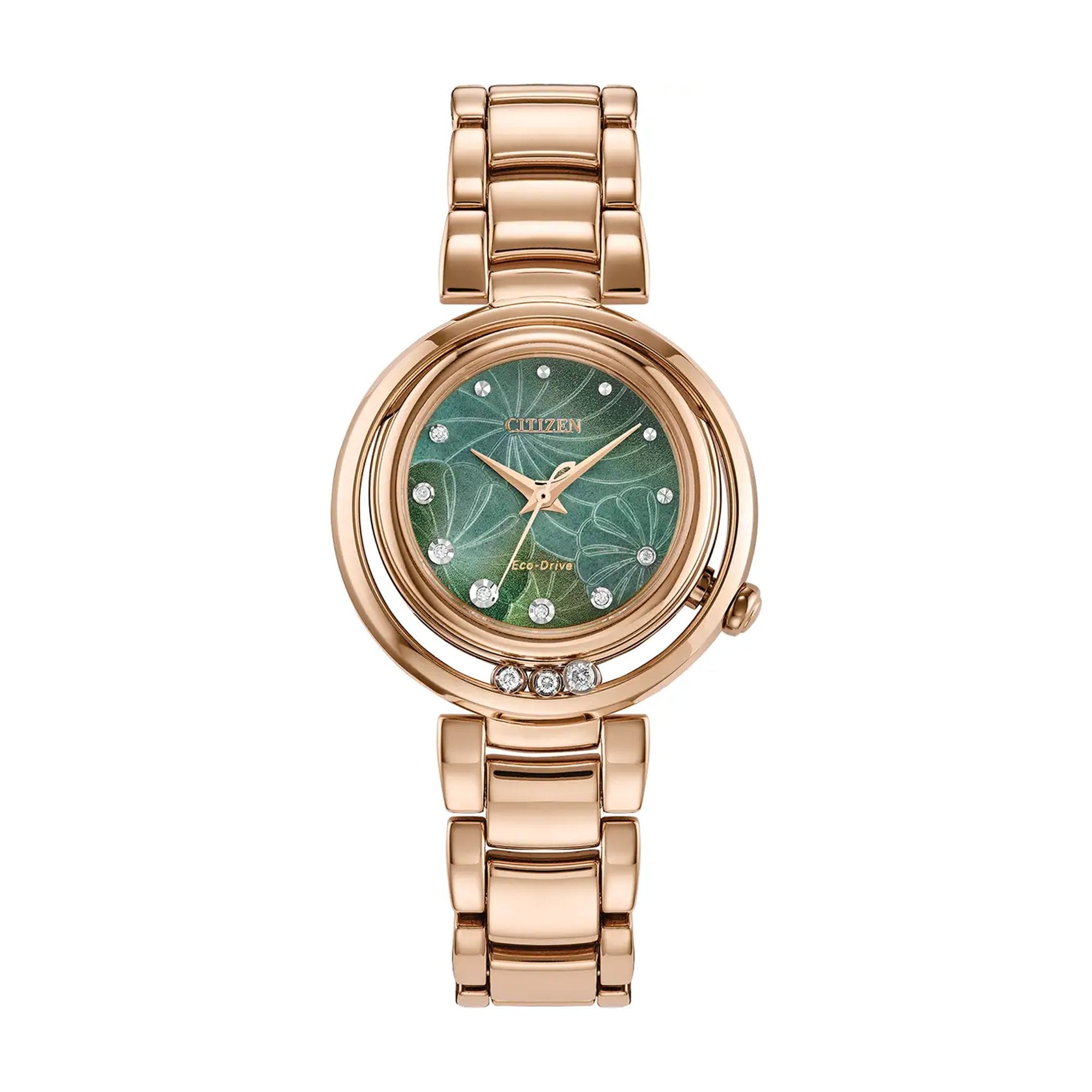 Ladies Citizen Eco-Drive Arcly Rose Gold Green Mother of Pearl Flower Dial & Diamond