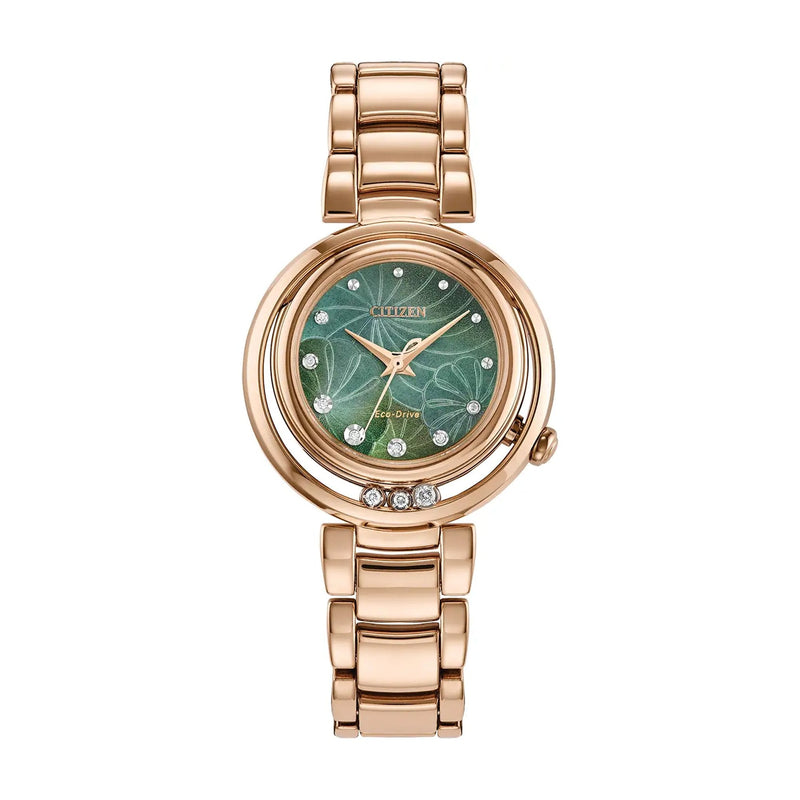 Ladies Citizen Eco-Drive Arcly Rose Gold Green Mother of Pearl Flower Dial & Diamond