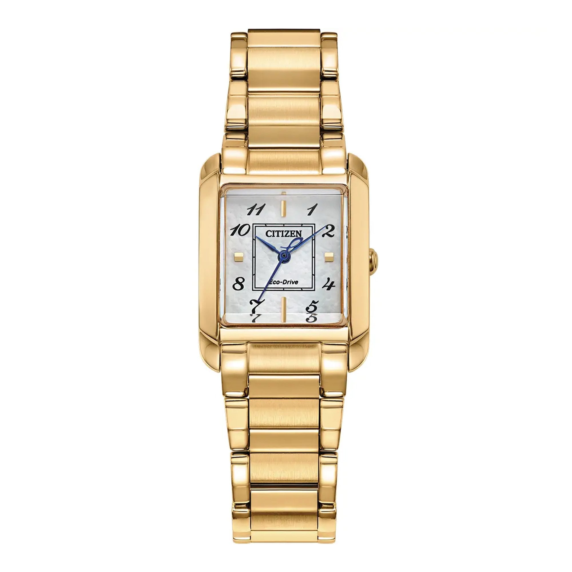 Ladies Citizen Eco-Drive Square Mother Of Pearl with Blue Hand Dial Gold Plated Bracelet