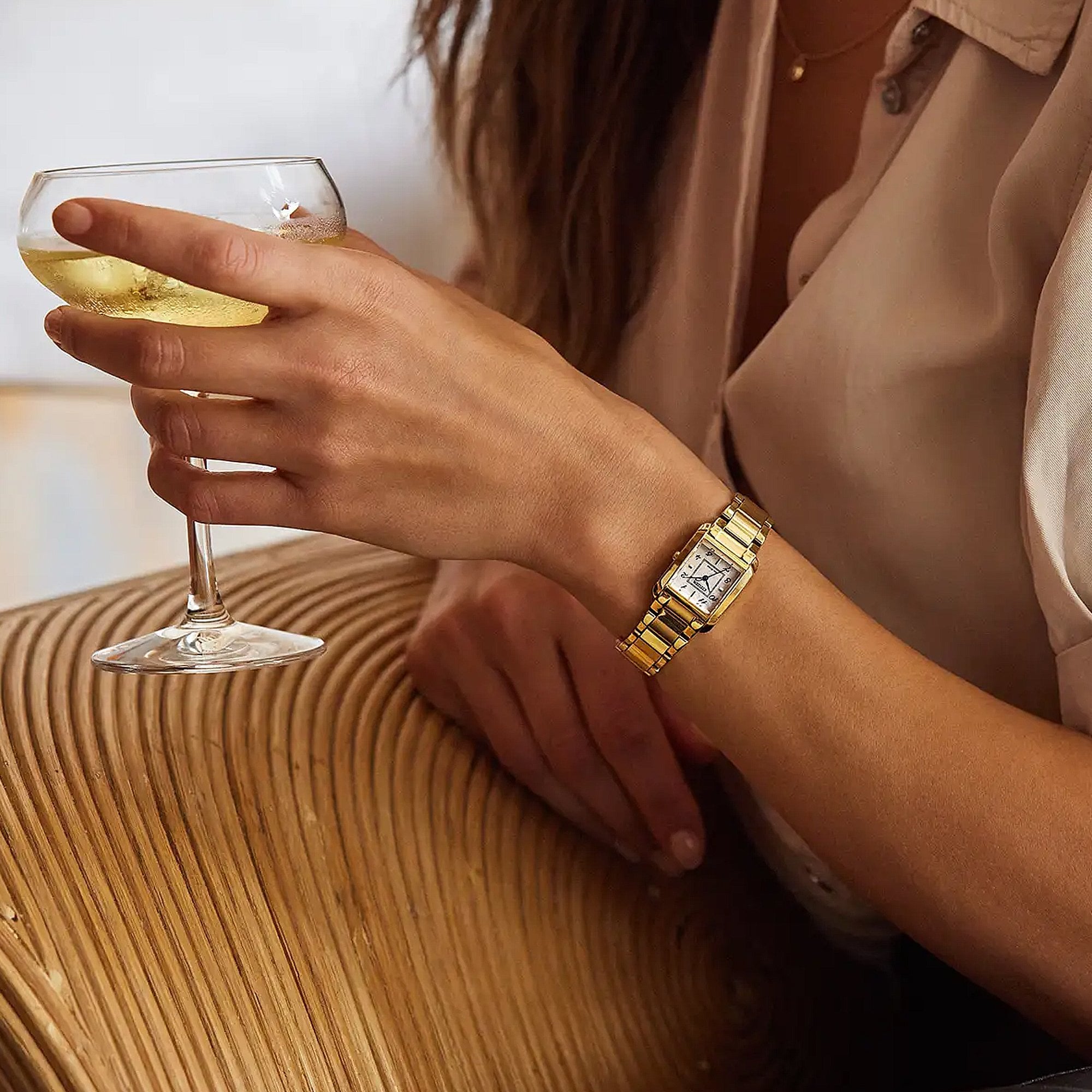 Ladies Citizen Eco-Drive Square Mother Of Pearl with Blue Hand Dial Gold Plated Bracelet