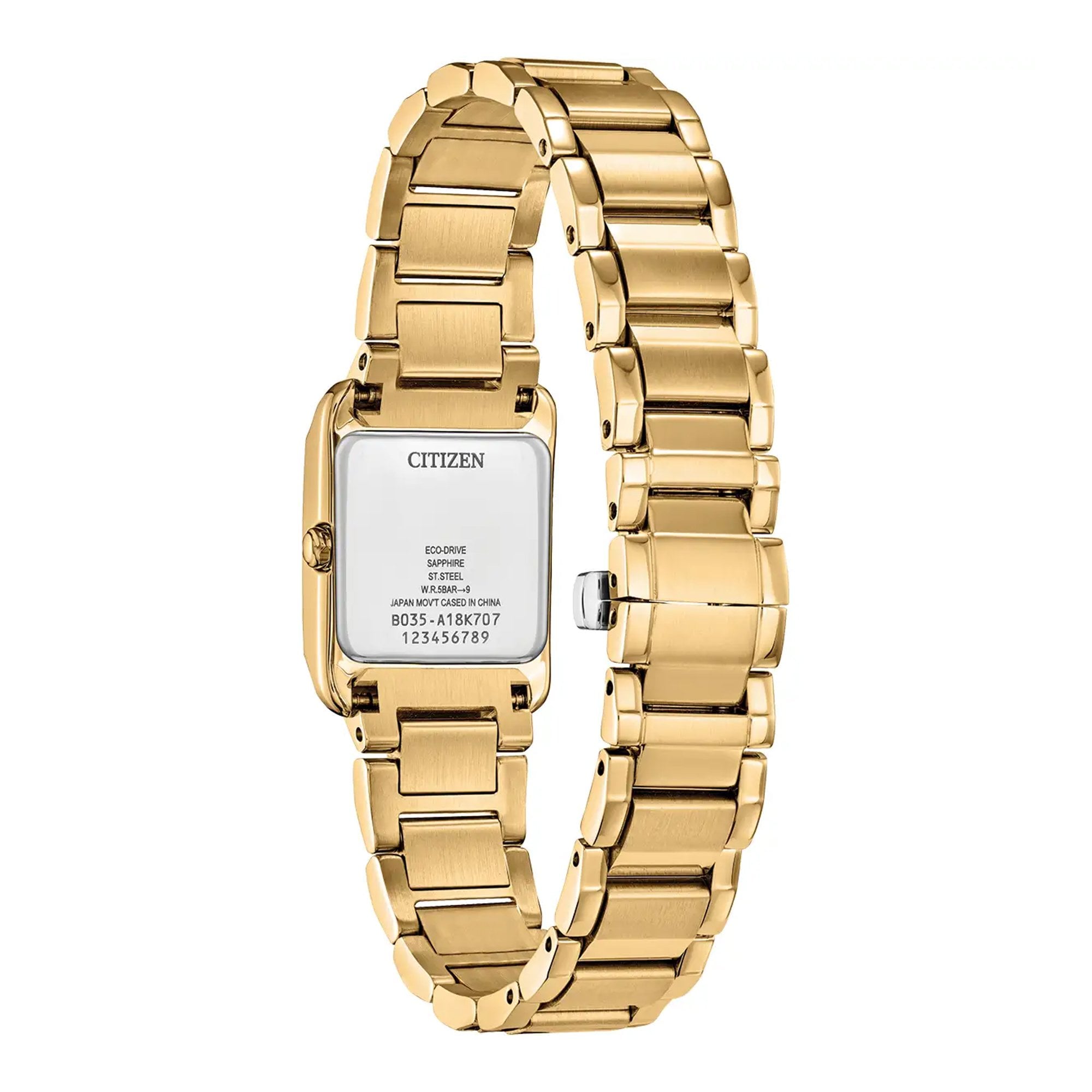 Ladies Citizen Eco-Drive Square Mother Of Pearl with Blue Hand Dial Gold Plated Bracelet