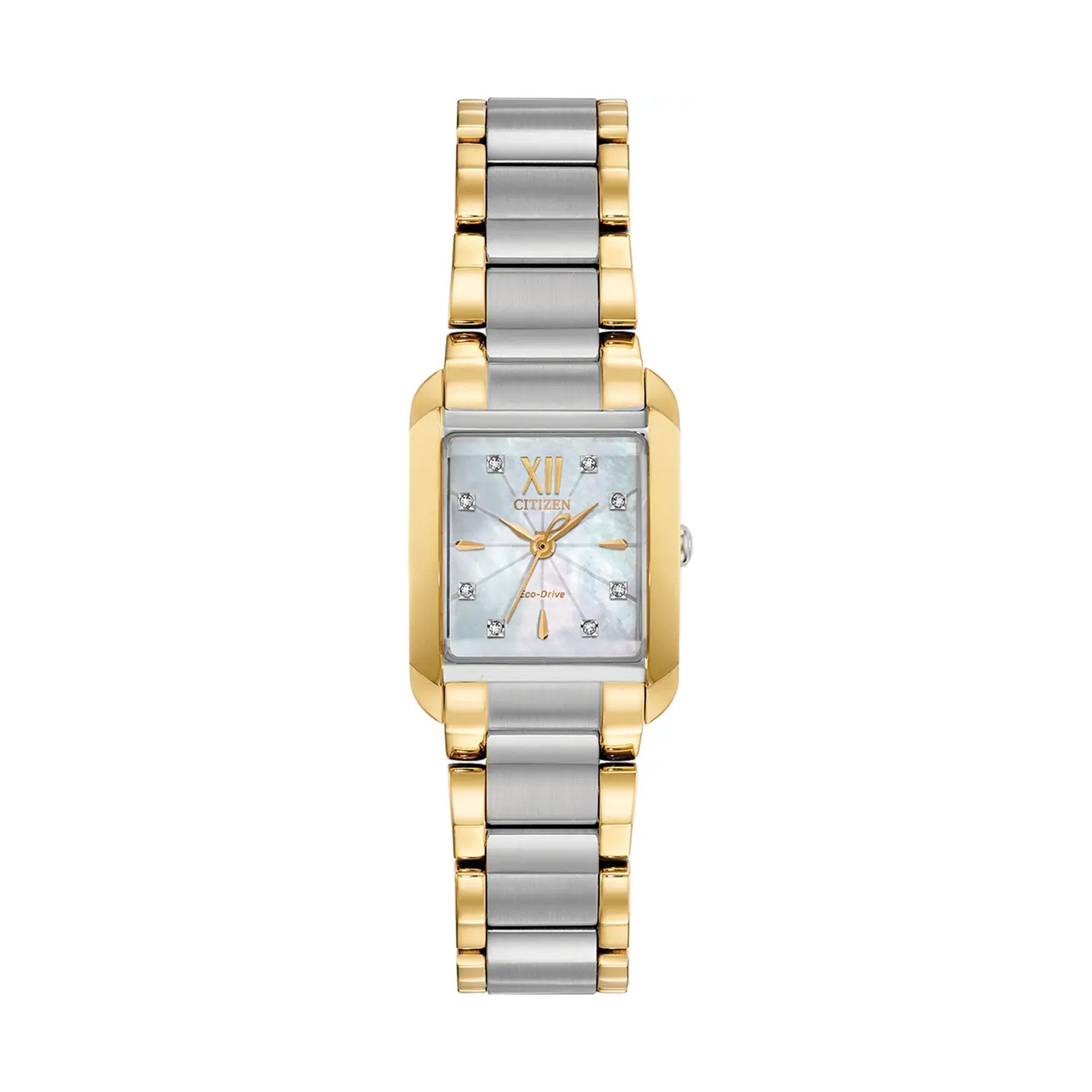 Ladies Citizen Rectangle Two Tone Mother Of Pearl Dial with 8 Diamonds on Stainless Steel Bracelet