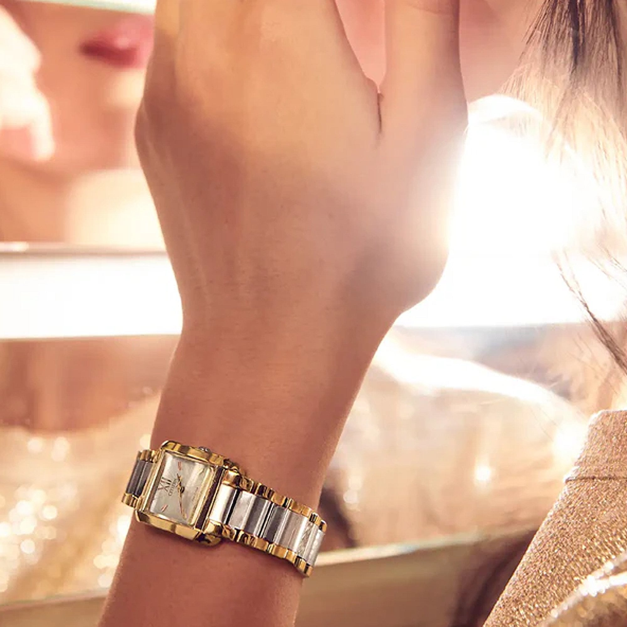 Ladies Citizen Rectangle Two Tone Mother Of Pearl Dial with 8 Diamonds on Stainless Steel Bracelet