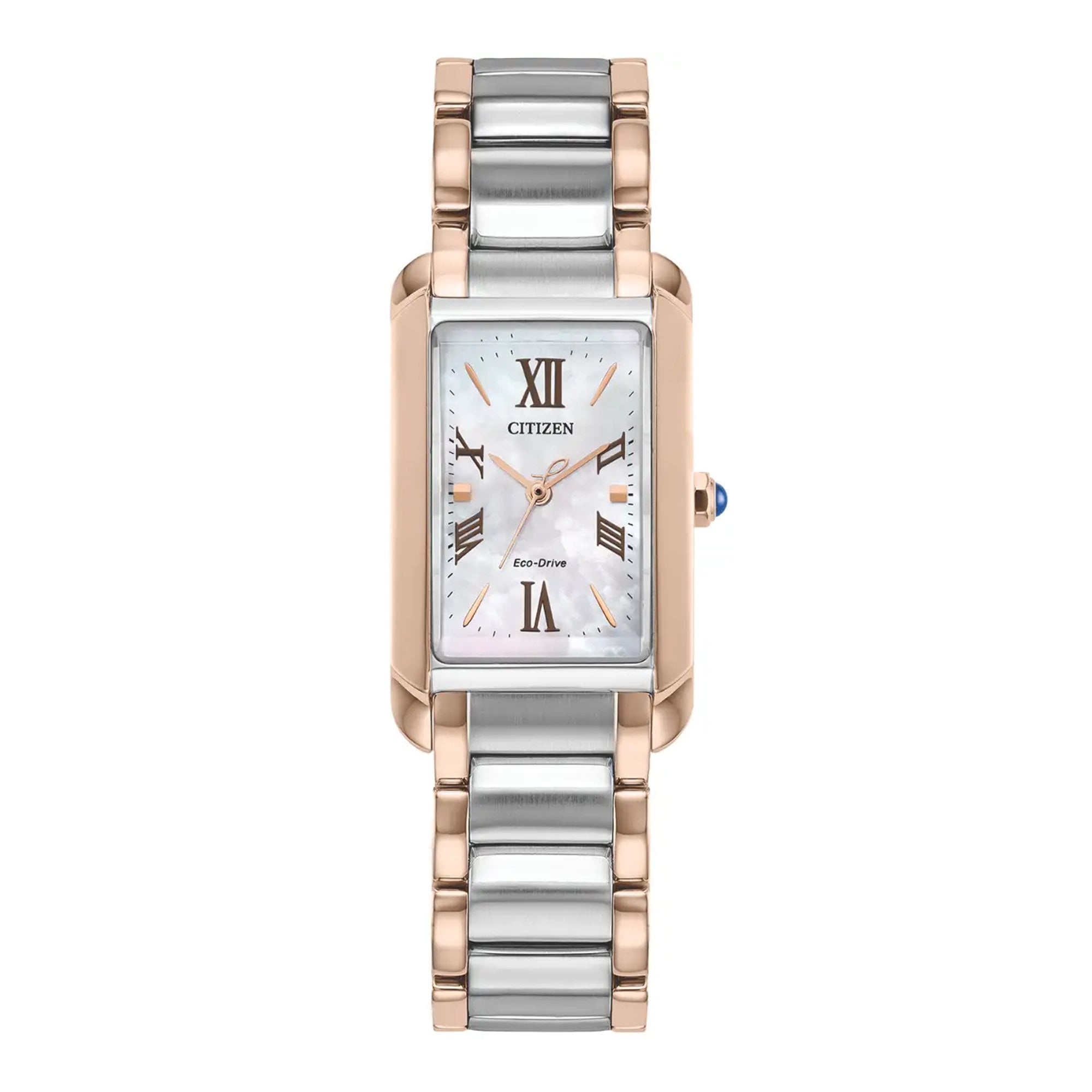 Ladies Citizen Two Tone Eco-Drive Rectangle Pink Mother Of Pearl on Stainless Steel Bracelet