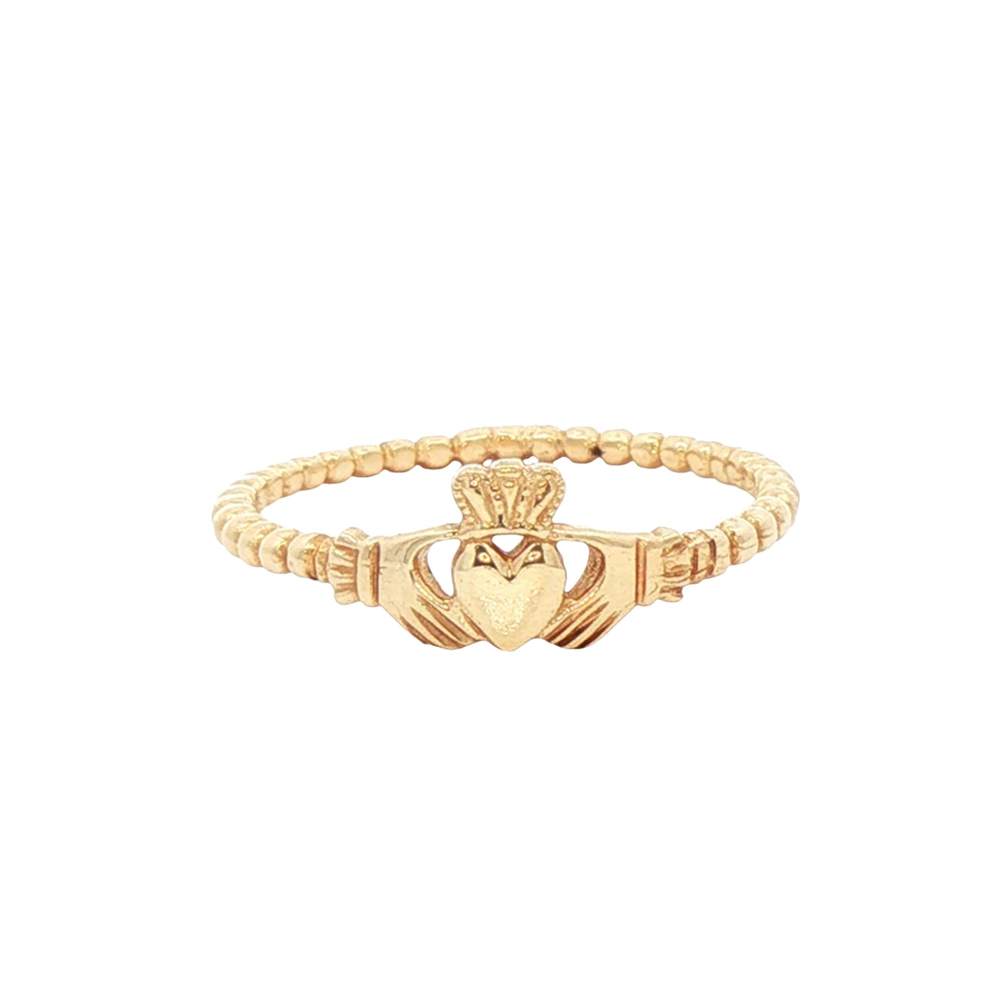 Ladies Claddagh Ring with Beaded Band in 10ct Yellow Gold