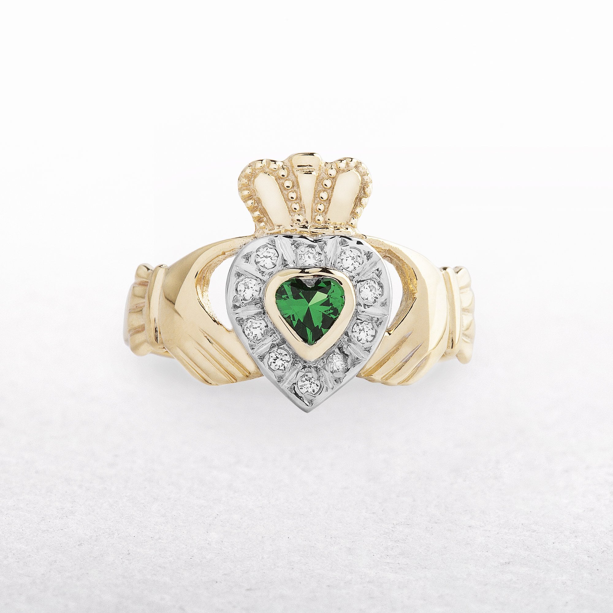Ladies Claddagh Ring with Cubic Zarconia & Synthetic Emerald in 10ct Yellow Gold