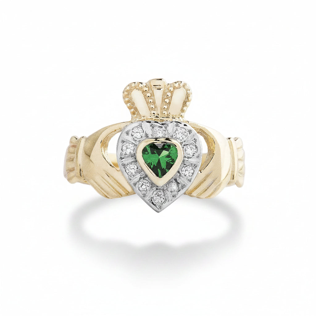 Ladies Claddagh Ring with Cubic Zirconia & Synthetic Emerald in 10ct Yellow Gold