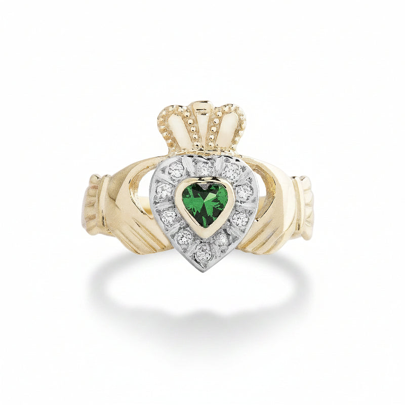 Ladies Claddagh Ring with Cubic Zirconia & Synthetic Emerald in 10ct Yellow Gold