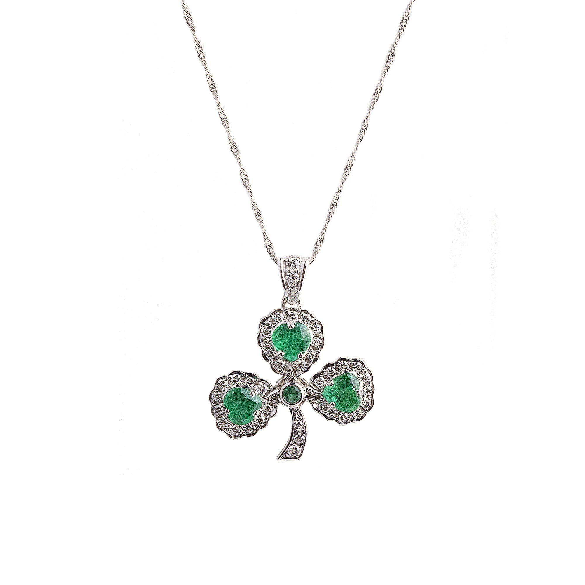 Ladies Emerald 2.40ct & Natural Diamond 0.60ct Large Shamrock In 14ct White Gold