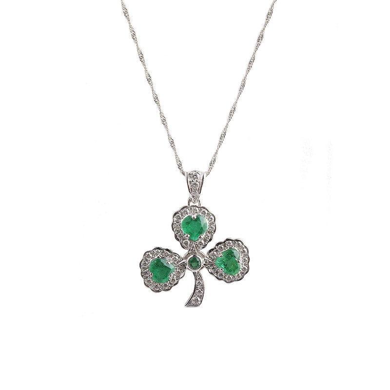 Ladies Emerald 2.40ct & Natural Diamond 0.60ct Large Shamrock In 14ct White Gold