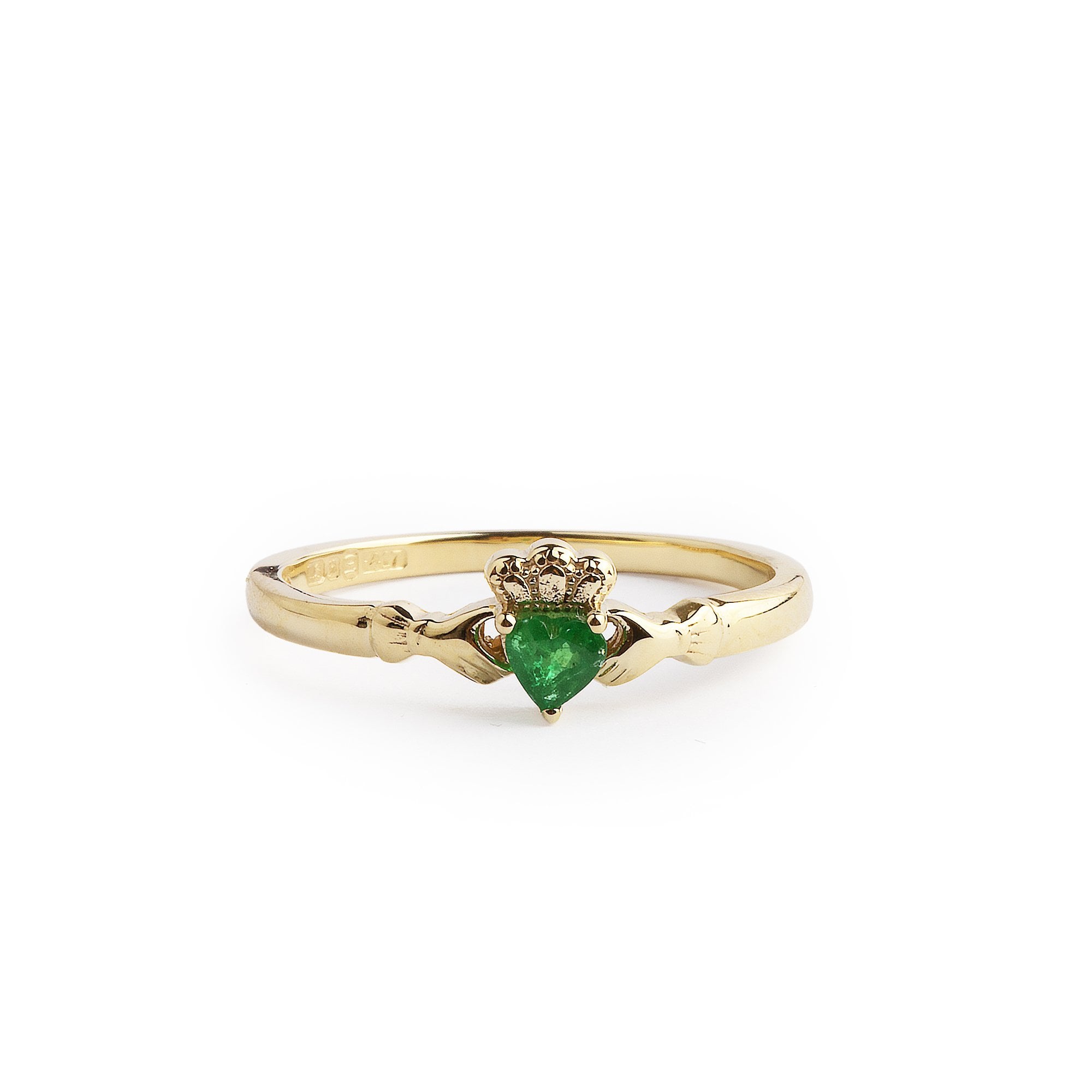 Ladies Emerald Set Claddagh Ring in 10ct Yellow Gold