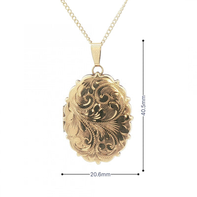 Ladies Large Oval Ornate Motif Serrated Edge Locket in 9ct Yellow Gold