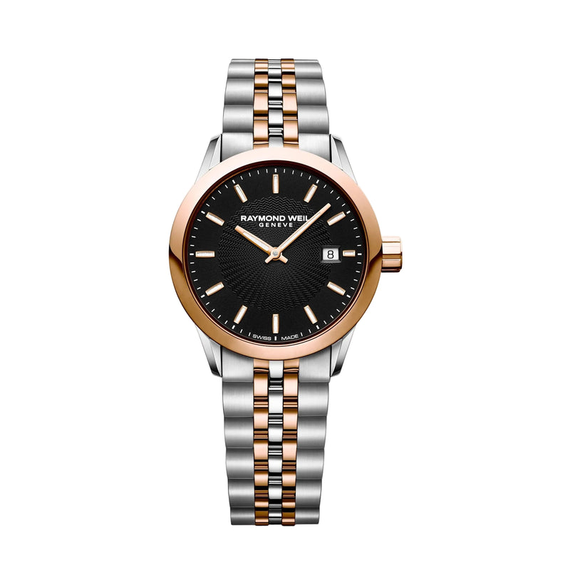 Ladies Raymond Weil Freelancer Two Tone Watch With Black Dial & Rose Gold Plated Accents