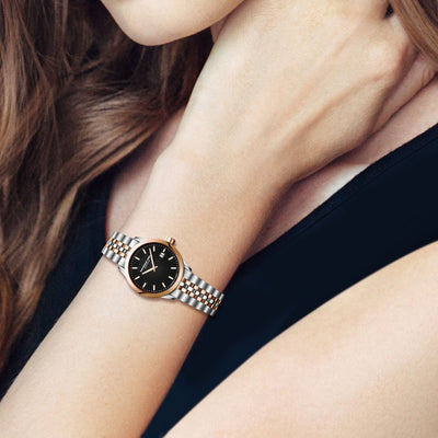 Ladies Raymond Weil Freelancer Two Tone Watch With Black Dial & Rose Gold Plated Accents