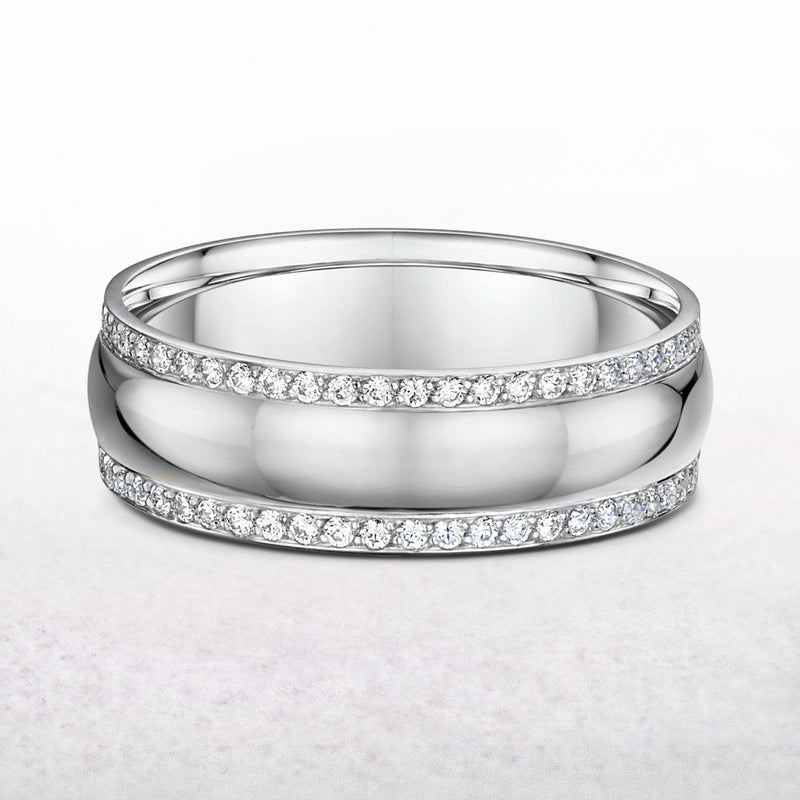 Ladies Satin Center Grain Set Brilliant Cut Natural Diamond Edges Wedding Band In 18ct White Gold